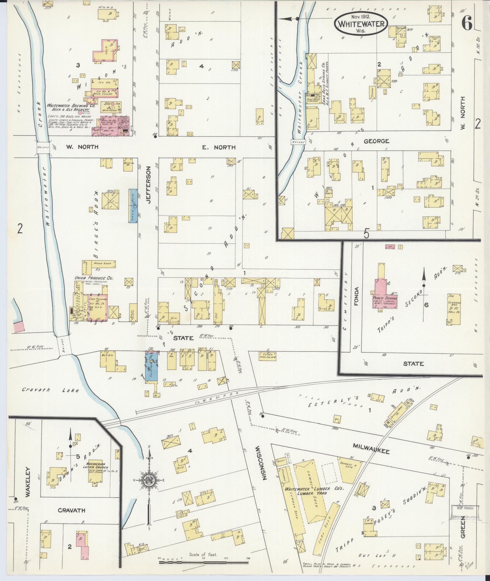 Sanborn Fire Insurance Map from Whitewater, Walworth County, Wisconsin (1912), Sheet #0006 - Historic Sanborn Fire Insurance Map Print, vintage old map wall art, antique decor, genealogy gift, Wisconsin Wisconsin map