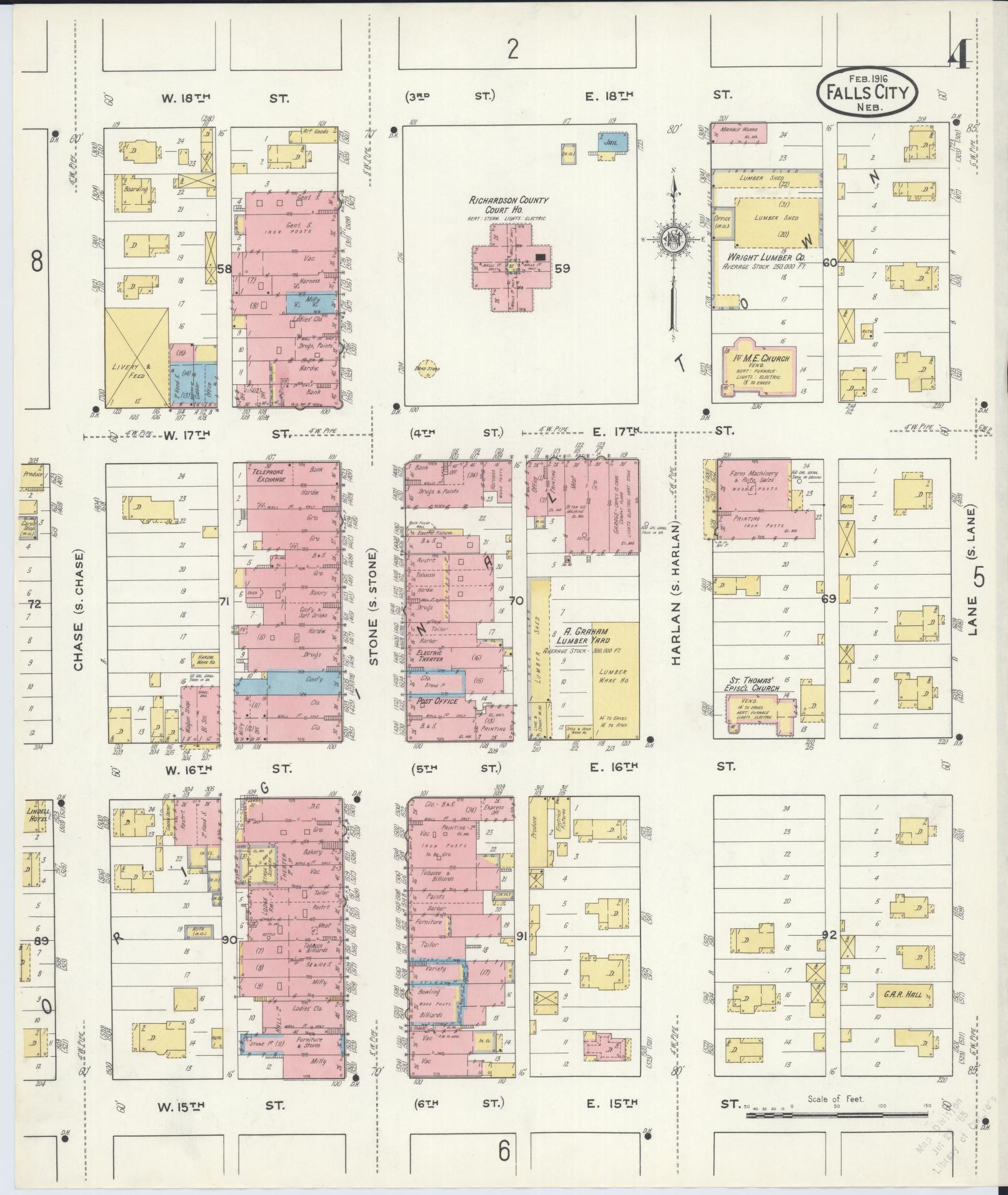 Sanborn Fire Insurance Map from Falls City, Richardson County, Nebraska (1916), Sheet #0004 - Historic Sanborn Fire Insurance Map Print, vintage old map wall art, antique decor, genealogy gift, Nebraska Nebraska map
