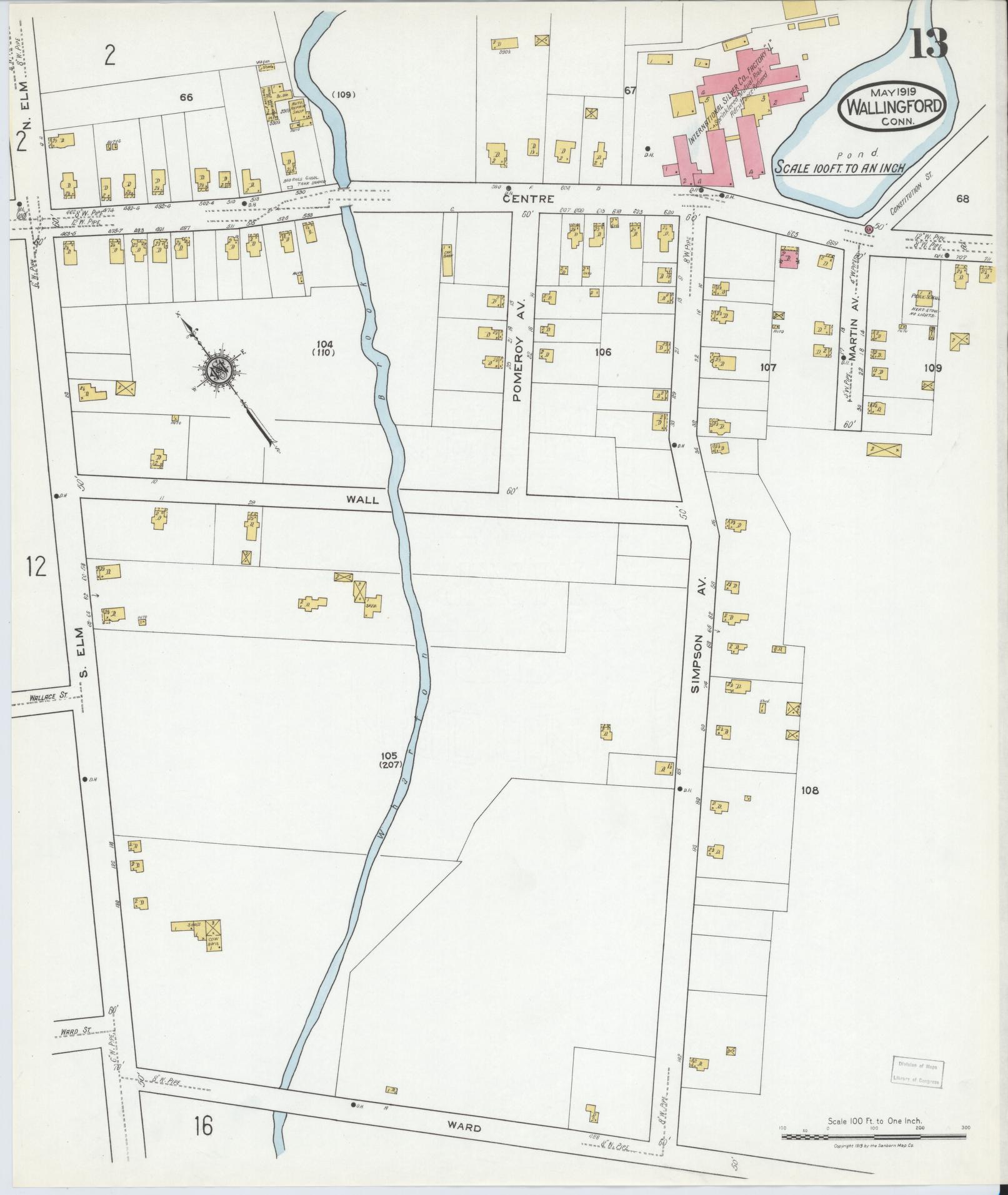Sanborn Fire Insurance Map from Wallingford, New Haven County, Connecticut (1919), Sheet #0013 - Complete Map Set gallery image, historic Sanborn map, vintage wall art, Connecticut Connecticut