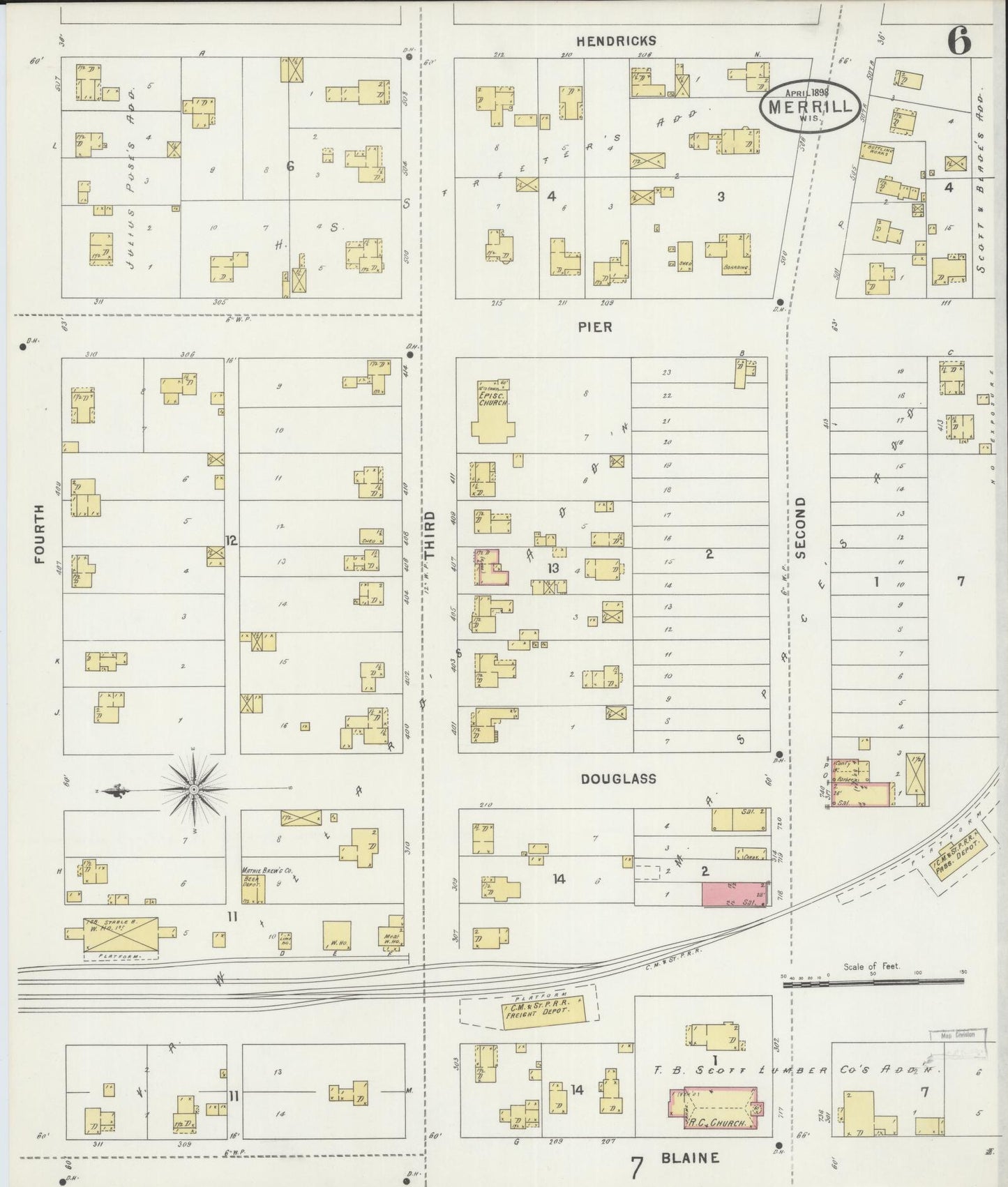 Sanborn Fire Insurance Map from Merrill, Lincoln County, Wisconsin (1898), Sheet #0006 - Historic Sanborn Fire Insurance Map Print, vintage old map wall art, antique decor, genealogy gift, Wisconsin Wisconsin map