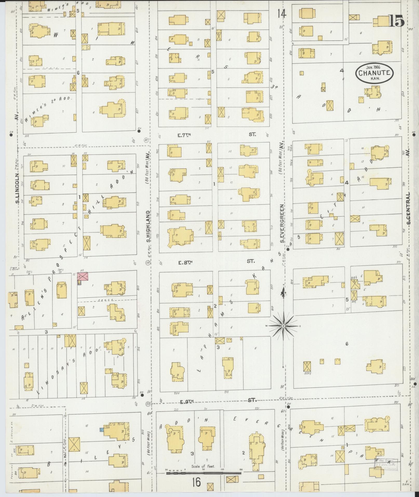 Sanborn Fire Insurance Map from Chanute, Neosho County, Kansas (1906), Sheet #0015 - Complete Map Set gallery image, historic Sanborn map, vintage wall art, Kansas Kansas