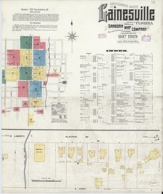 Sanborn Fire Insurance Map from Gainesville, Alachua County, Florida (1909), Sheet #0001 - Complete Map Set gallery image, historic Sanborn map, vintage wall art, Florida Florida