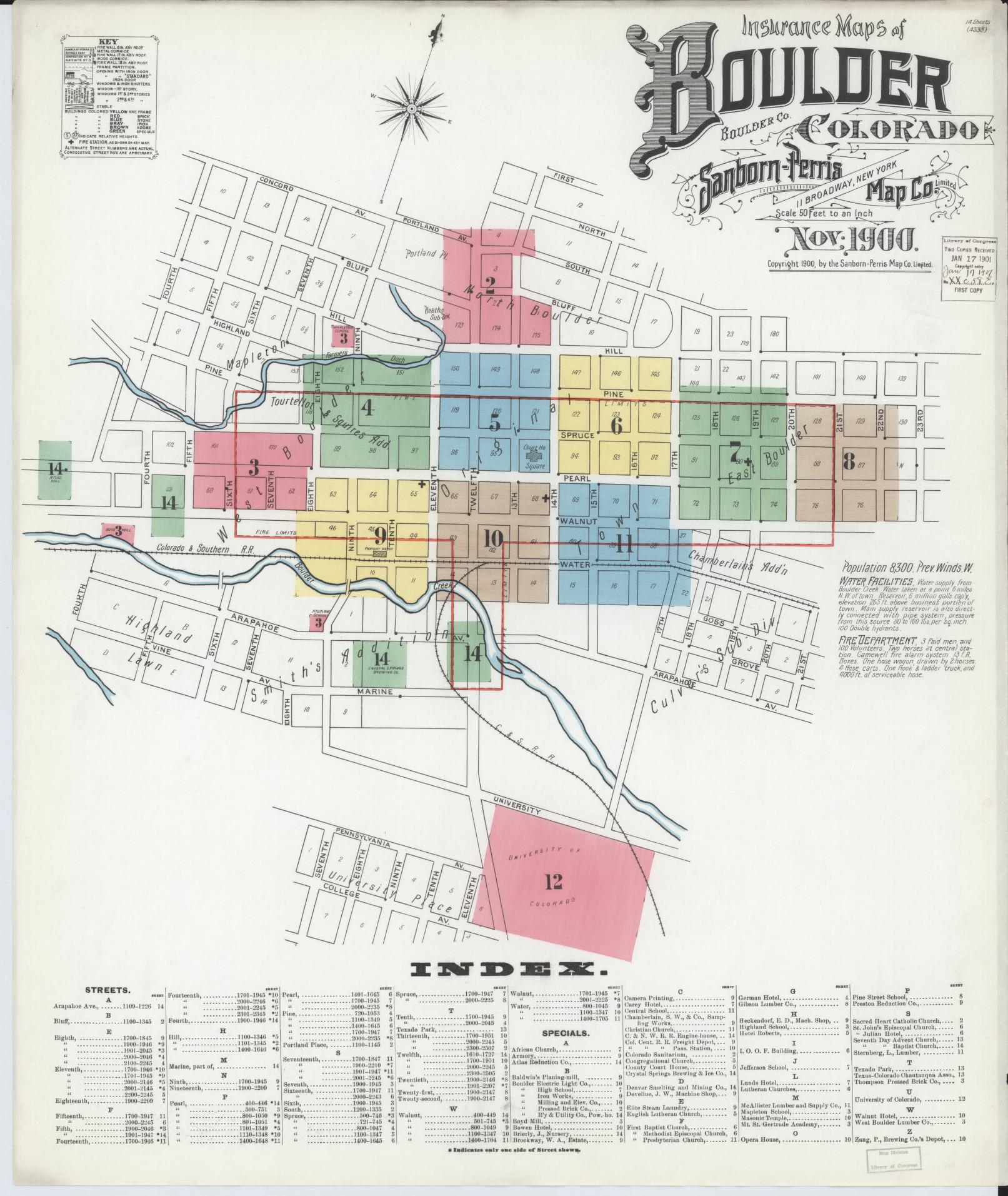 Sanborn Fire Insurance Map from Boulder, Boulder County, Colorado (1900), Sheet #0001 - Historic Sanborn Fire Insurance Map Print, vintage old map wall art, antique decor, genealogy gift, Colorado Colorado map