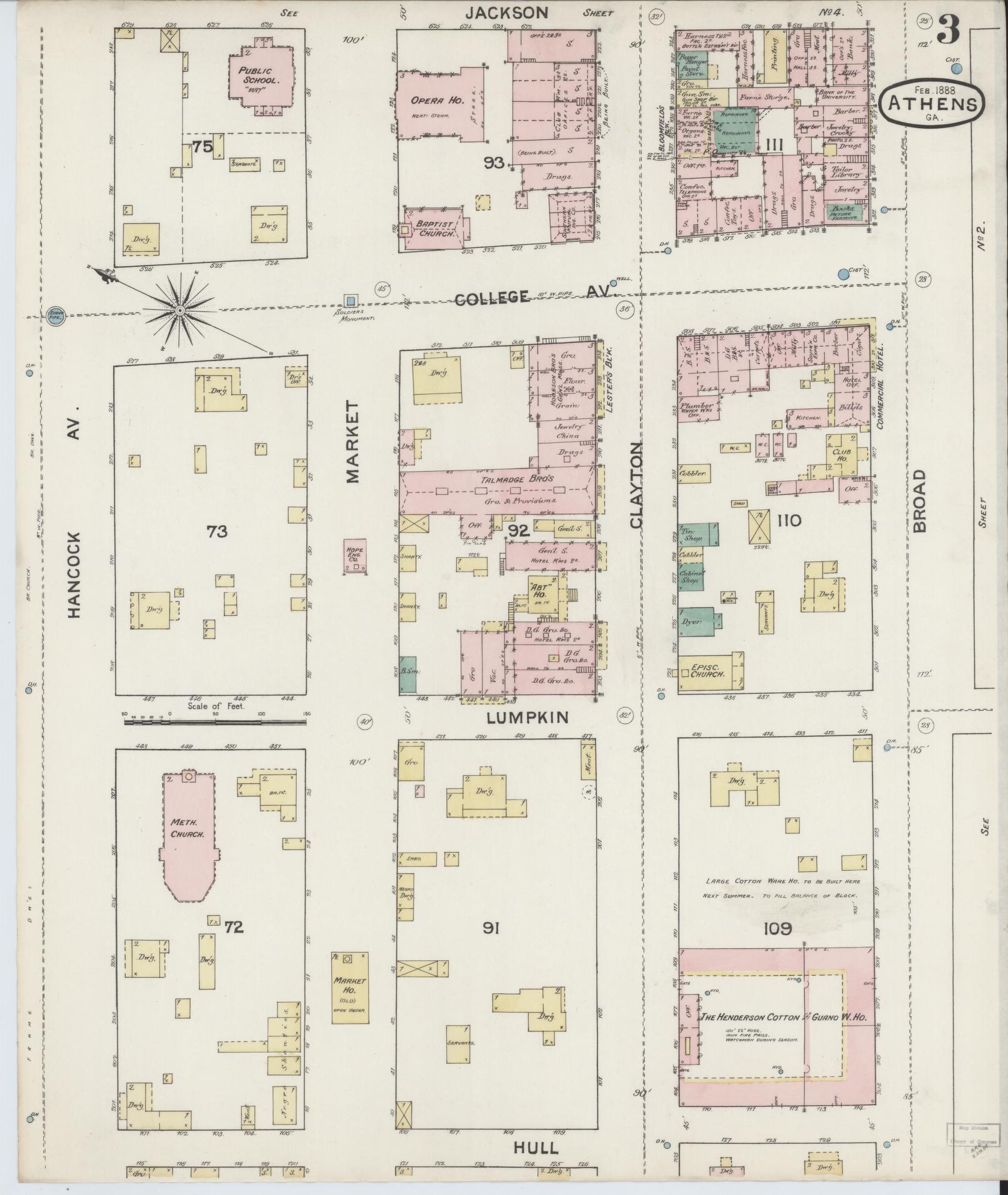 Sanborn Fire Insurance Map from Athens, Clarke County, Georgia (1888), Sheet #0003 - Complete Map Set gallery image, historic Sanborn map, vintage wall art, Georgia Georgia