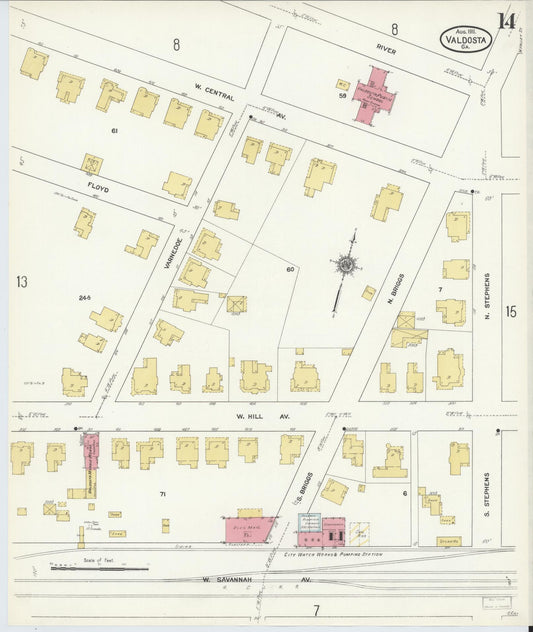 Sanborn Fire Insurance Map from Valdosta, Lowndes County, Georgia (1911), Sheet #0014 - Historic Sanborn Fire Insurance Map Print, vintage old map wall art, antique decor, genealogy gift, Georgia Georgia map