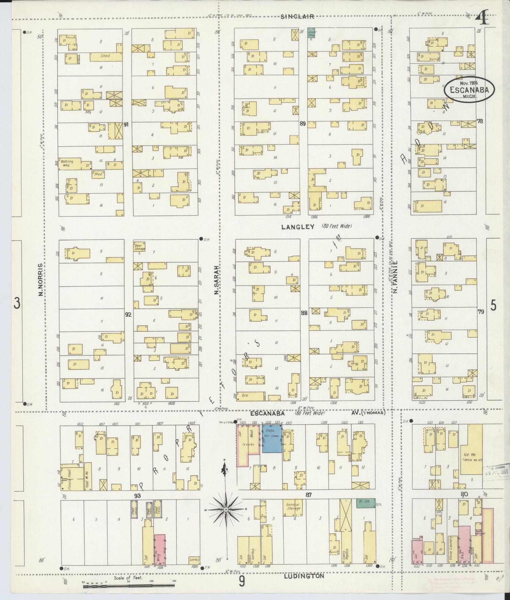 Sanborn Fire Insurance Map from Escanaba, Delta County, Michigan (1906), Sheet #0004 - Complete Map Set gallery image, historic Sanborn map, vintage wall art, Michigan Michigan