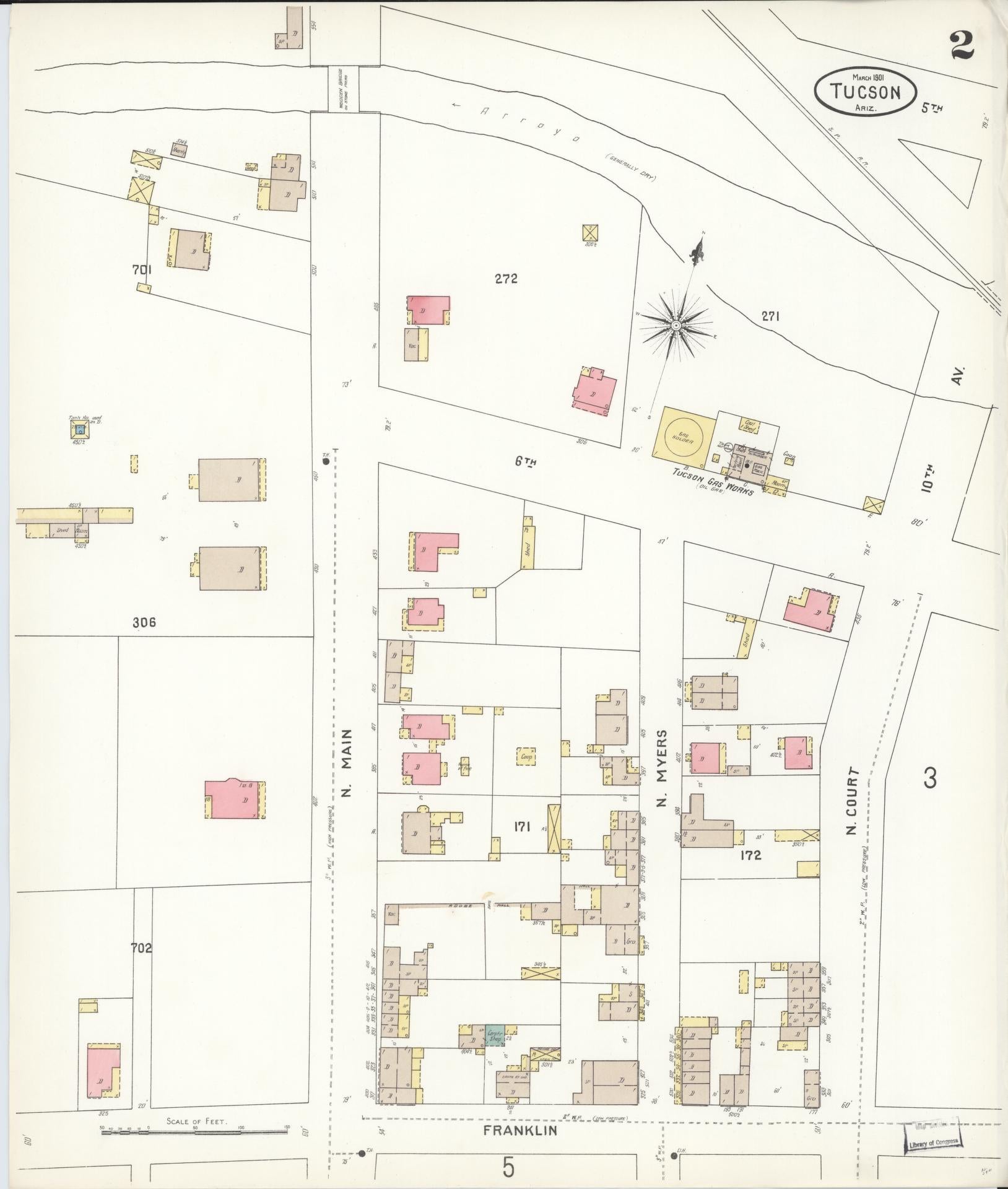 Sanborn Fire Insurance Map from Tucson, Pima County, Arizona (1901), Sheet #0002 - Complete Map Set gallery image, historic Sanborn map, vintage wall art, Arizona Arizona