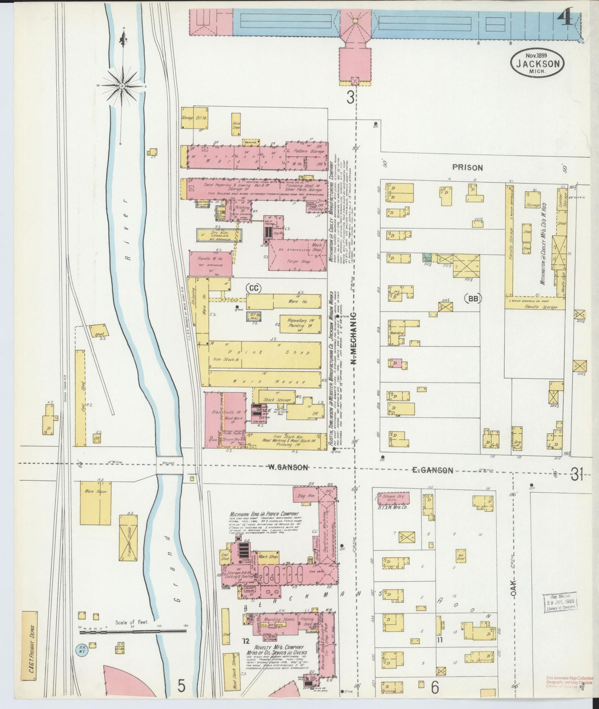 Sanborn Fire Insurance Map from Jackson, Jackson County, Michigan (1899), Sheet #0004 - Historic Sanborn Fire Insurance Map Print, vintage old map wall art, antique decor, genealogy gift, Michigan Michigan map