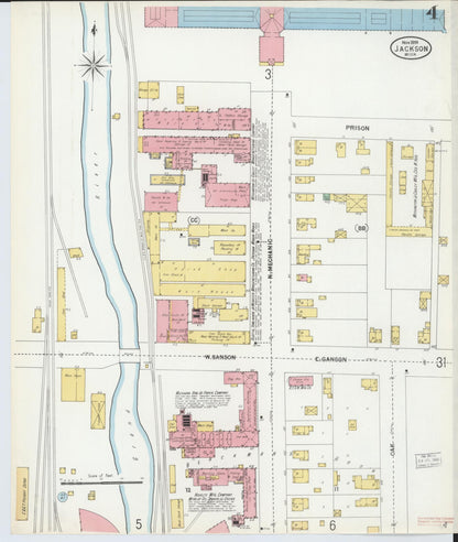 Sanborn Fire Insurance Map from Jackson, Jackson County, Michigan (1899), Sheet #0004 - Historic Sanborn Fire Insurance Map Print, vintage old map wall art, antique decor, genealogy gift, Michigan Michigan map