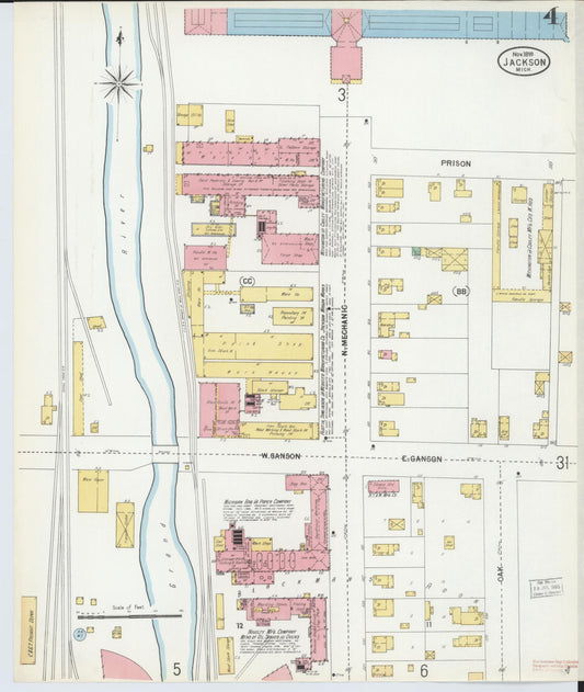 Sanborn Fire Insurance Map from Jackson, Jackson County, Michigan (1899), Sheet #0004 - Historic Sanborn Fire Insurance Map Print, vintage old map wall art, antique decor, genealogy gift, Michigan Michigan map