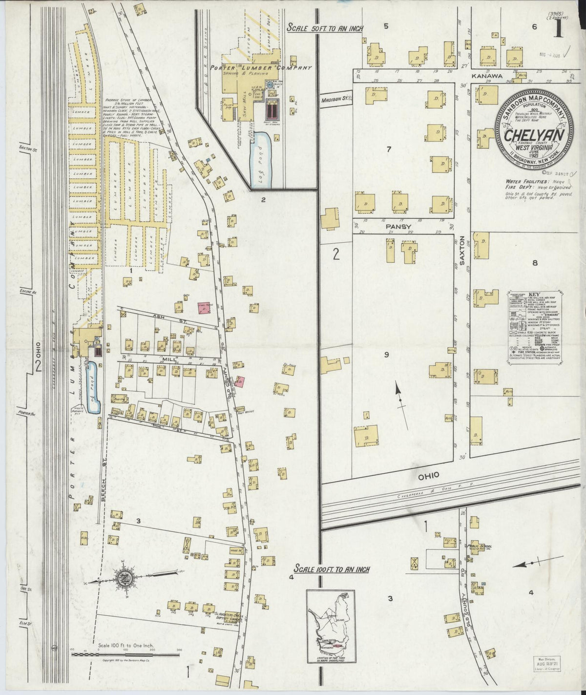 Sanborn Fire Insurance Map from Chelyan, Kanawha County, West Virginia (1921), Sheet #0001 - Historic Sanborn Fire Insurance Map Print, vintage old map wall art, antique decor, genealogy gift, West Virginia West Virginia map