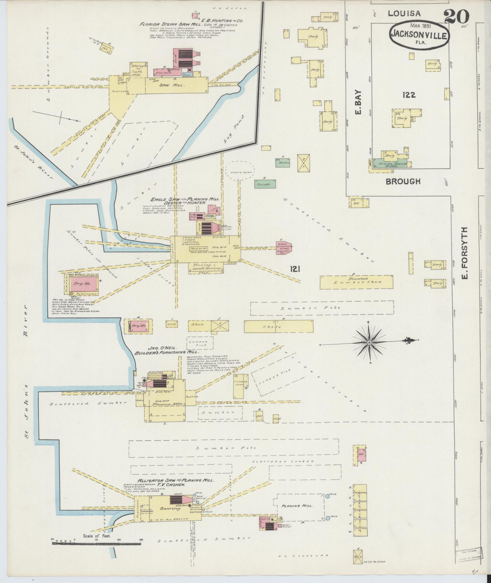 Sanborn Fire Insurance Map from Jacksonville, Duval County, Florida (1891), Sheet #0020 - Complete Map Set gallery image, historic Sanborn map, vintage wall art, Florida Florida
