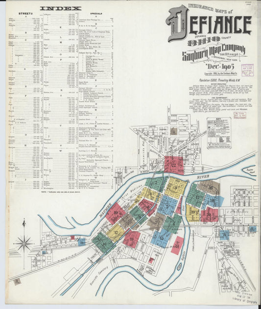 Sanborn Fire Insurance Map from Defiance, Defiance County, Ohio (1905), Sheet #0001 - Historic Sanborn Fire Insurance Map Print, vintage old map wall art, antique decor, genealogy gift, Ohio Ohio map