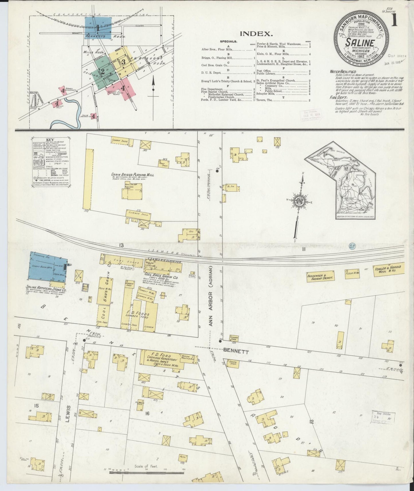 Sanborn Fire Insurance Map from Saline, Washtenaw County, Michigan (1912), Sheet #0001 - Complete Map Set gallery image, historic Sanborn map, vintage wall art, Michigan Michigan
