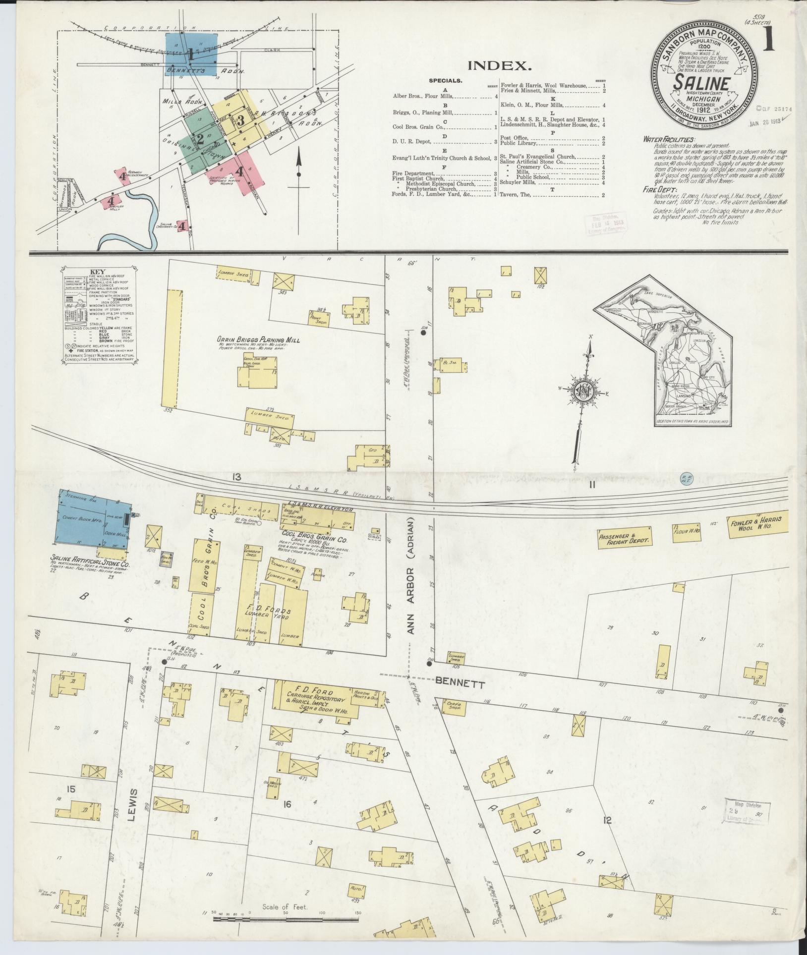 Sanborn Fire Insurance Map from Saline, Washtenaw County, Michigan (1912), Sheet #0001 - Complete Map Set gallery image, historic Sanborn map, vintage wall art, Michigan Michigan