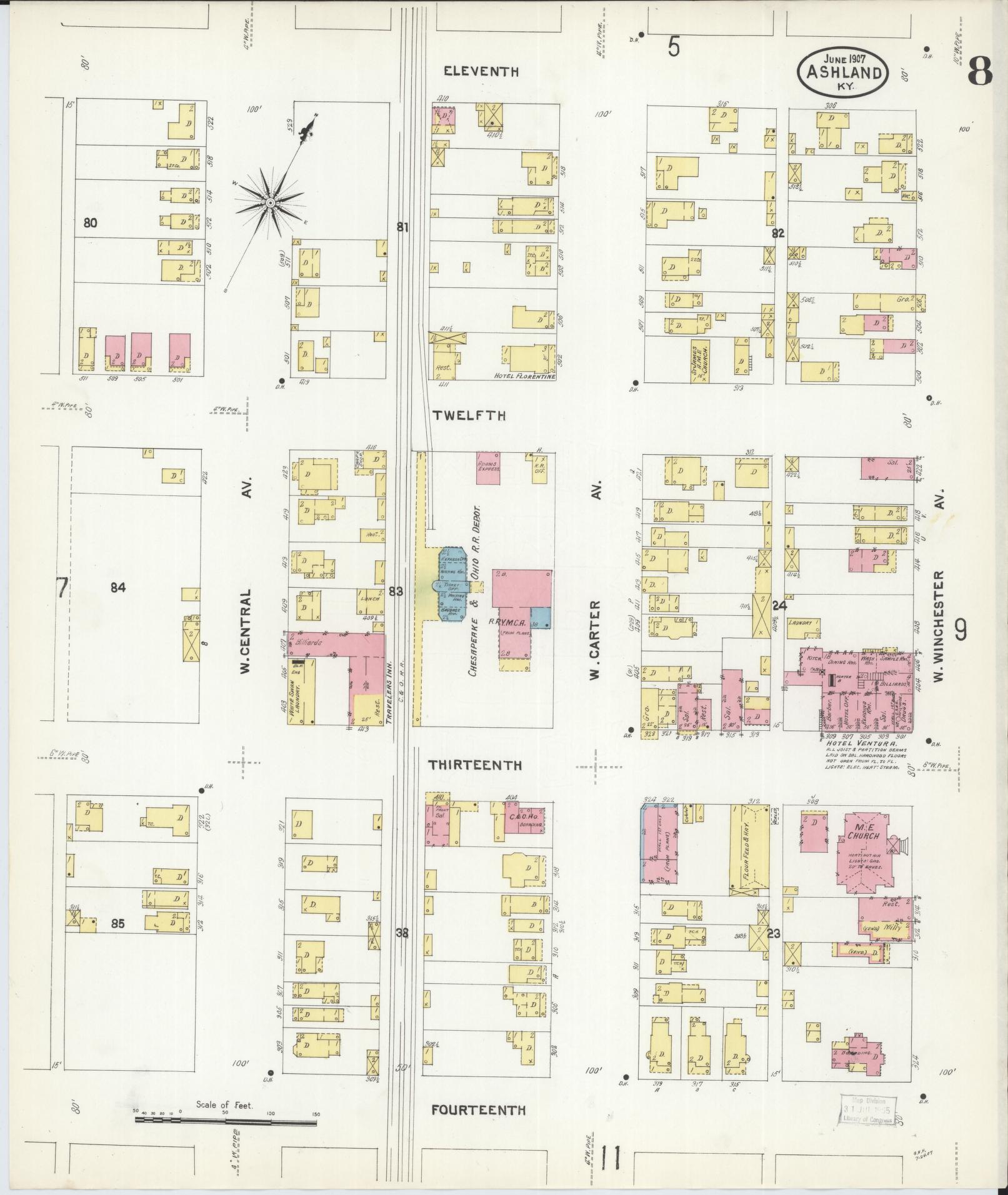 Sanborn Fire Insurance Map from Ashland, Boyd County, Kentucky (1907), Sheet #0008 - Complete Map Set gallery image, historic Sanborn map, vintage wall art, Kentucky Kentucky