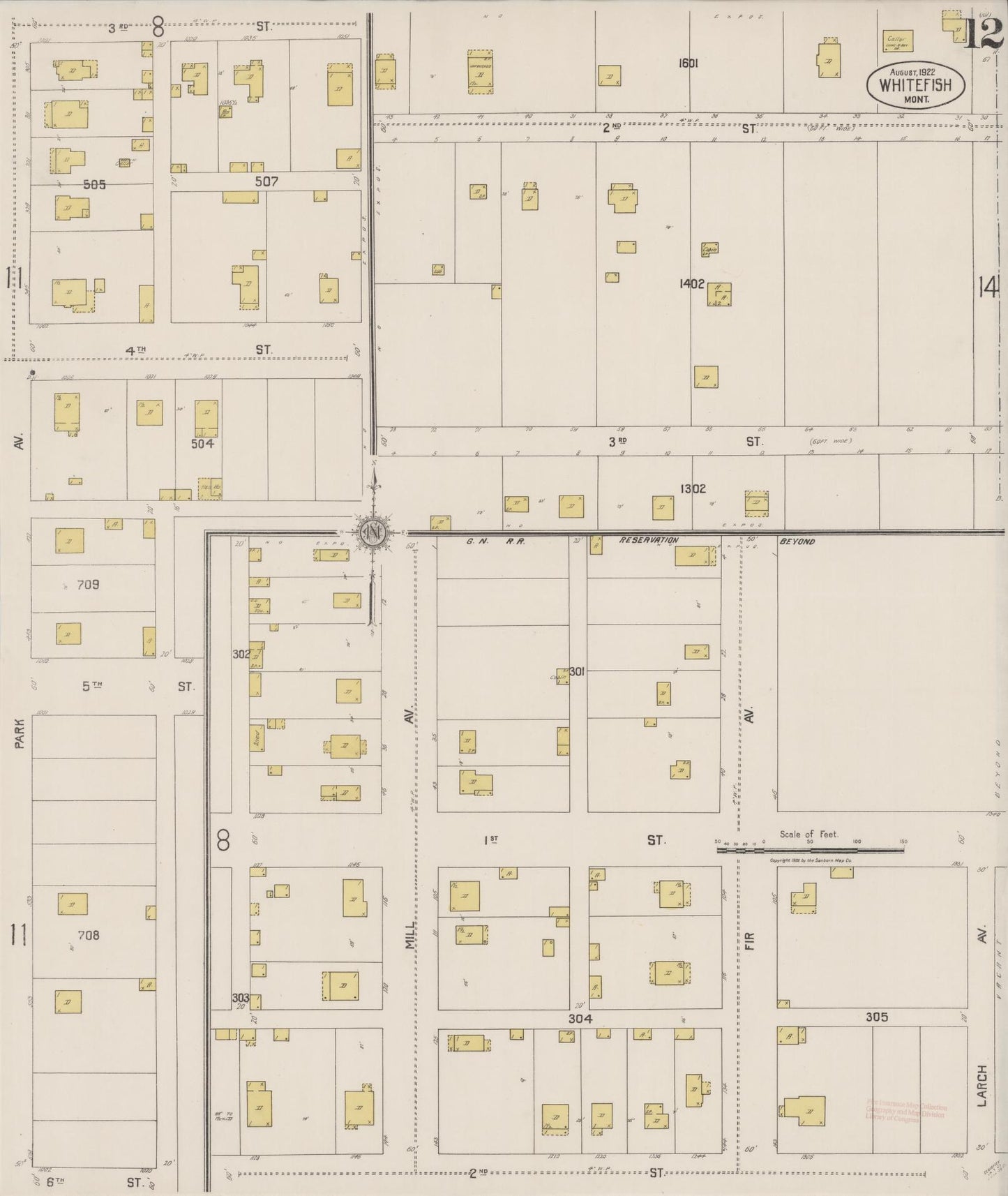 Sanborn Fire Insurance Map from Whitefish, Flathead County, Montana (1922), Sheet #0012 - Complete Map Set gallery image, historic Sanborn map, vintage wall art, Montana Montana