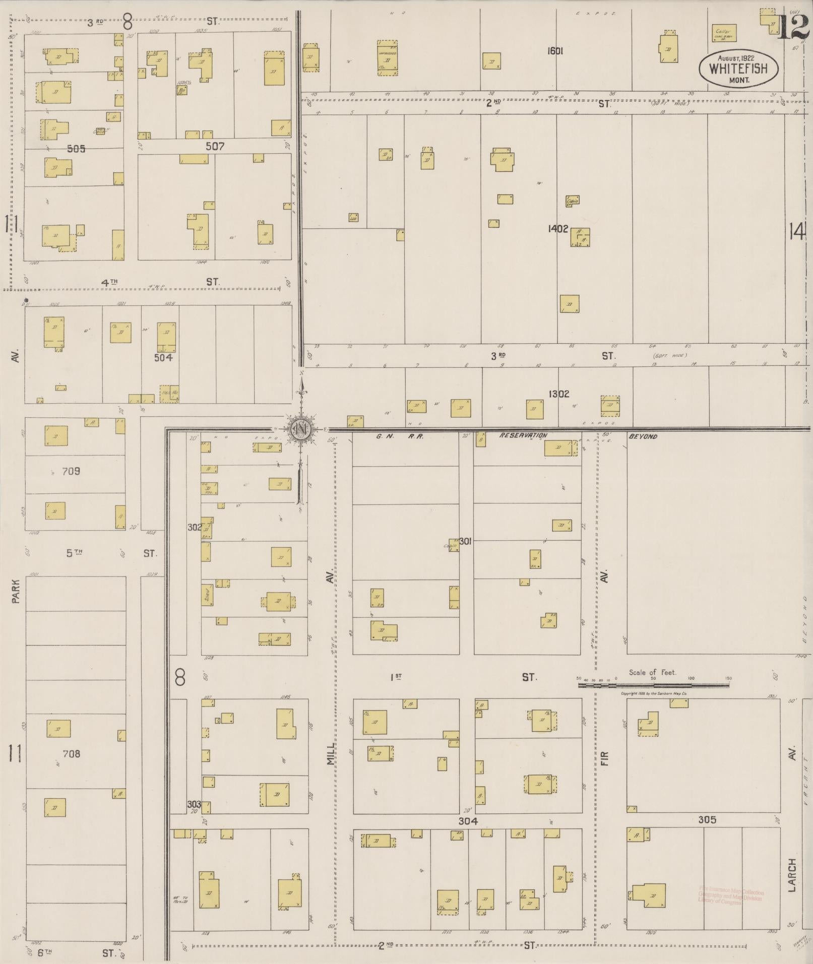 Sanborn Fire Insurance Map from Whitefish, Flathead County, Montana (1922), Sheet #0012 - Complete Map Set gallery image, historic Sanborn map, vintage wall art, Montana Montana