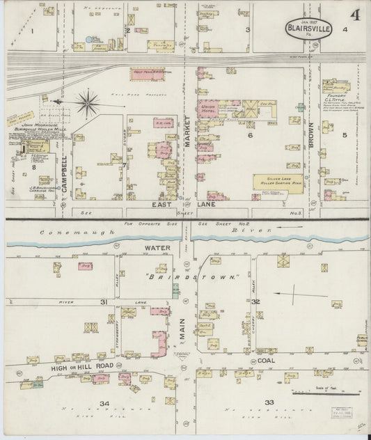 Sanborn Fire Insurance Map from Blairsville, Indiana County, Pennsylvania (1887), Sheet #0004 - Historic Sanborn Fire Insurance Map Print, vintage old map wall art, antique decor, genealogy gift, Blairsville Indiana map
