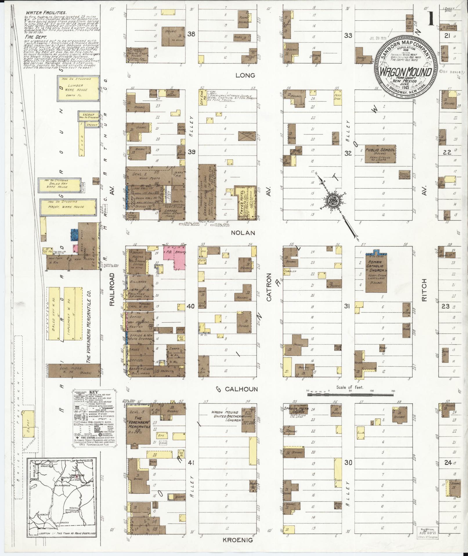 Sanborn Fire Insurance Map from Wagon Mound, Mora County, New Mexico (1921), Sheet #0001 - Historic Sanborn Fire Insurance Map Print, vintage old map wall art, antique decor, genealogy gift, New Mexico New Mexico map