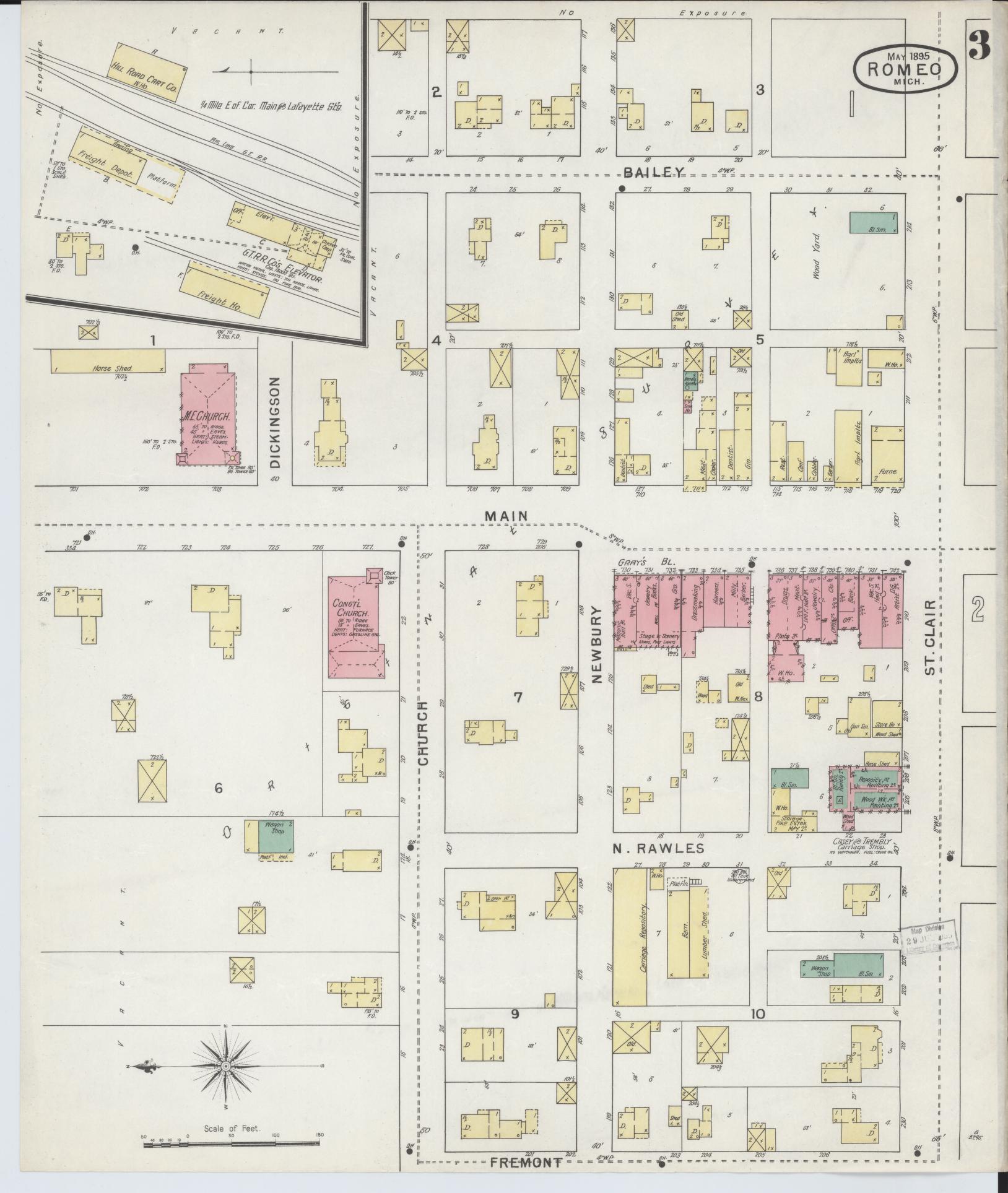 Sanborn Fire Insurance Map from Romeo, Macomb County, Michigan (1895), Sheet #0003 - Complete Map Set gallery image, historic Sanborn map, vintage wall art, Michigan Michigan
