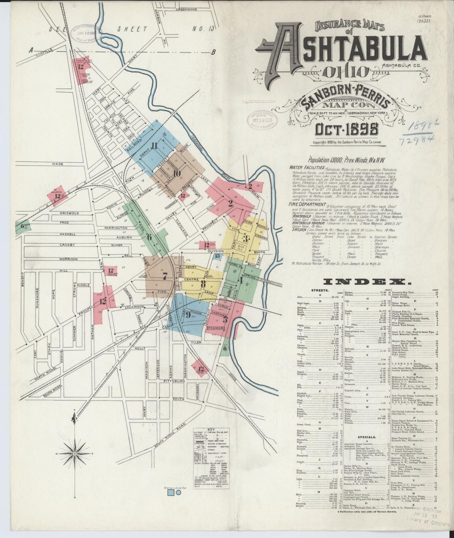 Sanborn Fire Insurance Map from Ashtabula, Ashtabula County, Ohio (1898), Sheet #0001 - Historic Sanborn Fire Insurance Map Print, vintage old map wall art, antique decor, genealogy gift, Ohio Ohio map
