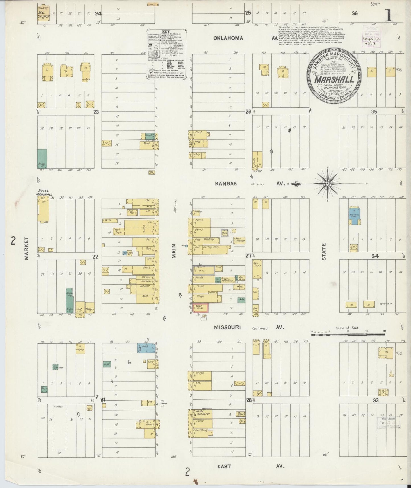 Sanborn Fire Insurance Map from Marshall, Logan County, Oklahoma (1903), Sheet #0001 - Complete Map Set gallery image, historic Sanborn map, vintage wall art, Oklahoma Oklahoma