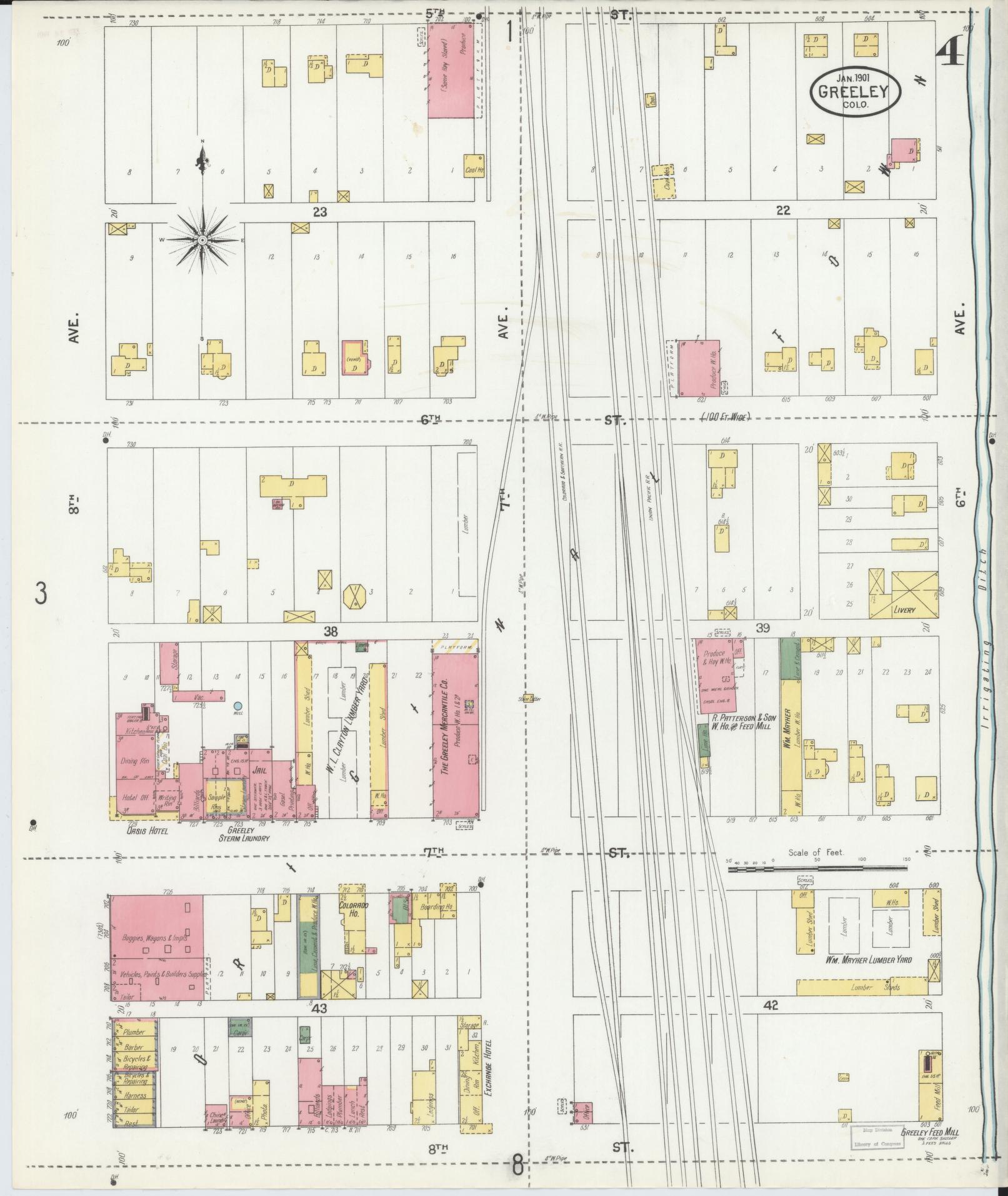 Sanborn Fire Insurance Map from Greeley, Weld County, Colorado (1901), Sheet #0004 - Historic Sanborn Fire Insurance Map Print, vintage old map wall art, antique decor, genealogy gift, Colorado Colorado map