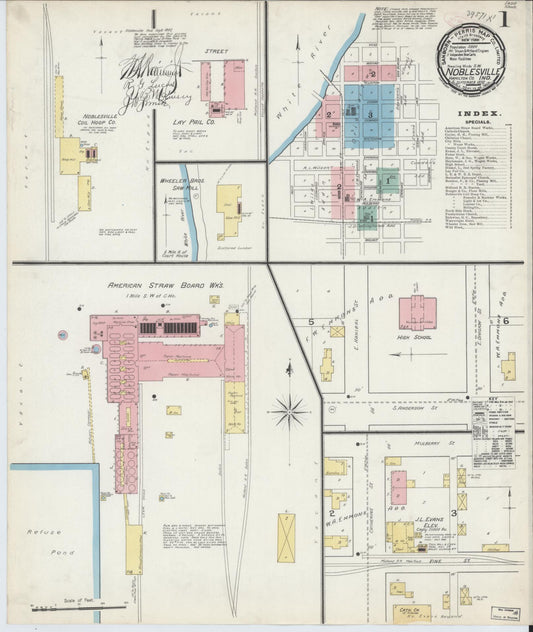 Sanborn Fire Insurance Map from Noblesville, Hamilton County, Indiana (1892), Sheet #0001 - Historic Sanborn Fire Insurance Map Print, vintage old map wall art, antique decor, genealogy gift, Indiana Indiana map