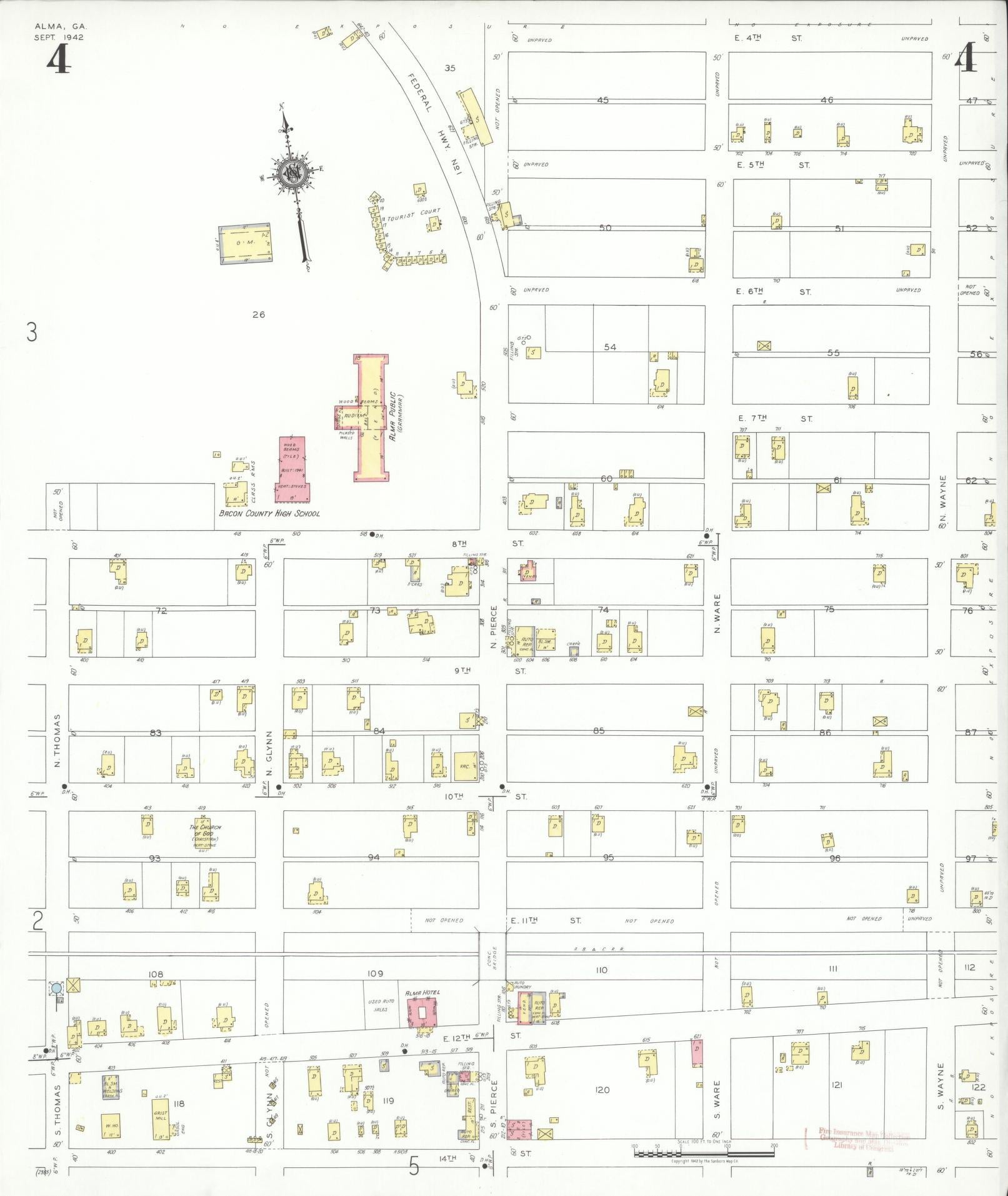 Sanborn Fire Insurance Map from Alma, Bacon County, Georgia (1942), Sheet #0004 - Complete Map Set gallery image, historic Sanborn map, vintage wall art, Georgia Georgia