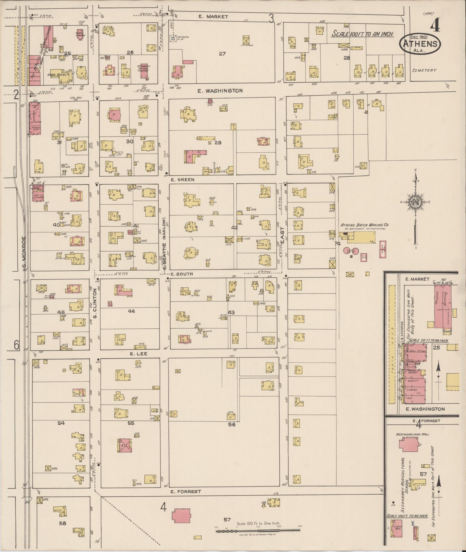 Sanborn Fire Insurance Map from Athens, Limestone County, Alabama (1921), Sheet #0004 - Complete Map Set gallery image, historic Sanborn map, vintage wall art, Alabama Alabama