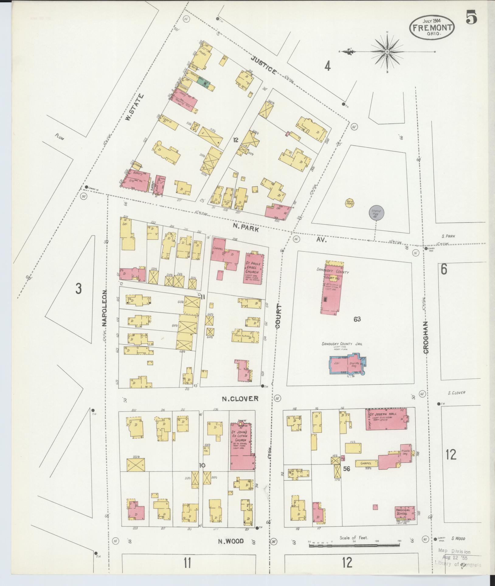 Sanborn Fire Insurance Map from Fremont, Sandusky County, Ohio (1904), Sheet #0005 - Historic Sanborn Fire Insurance Map Print, vintage old map wall art, antique decor, genealogy gift, Ohio Ohio map