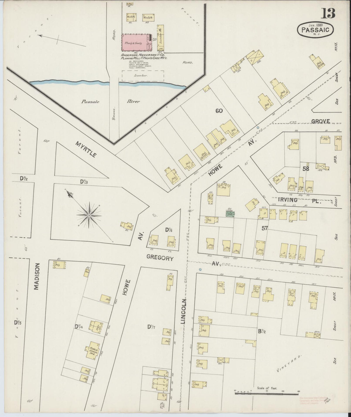 Sanborn Fire Insurance Map from Passaic, Passaic County, New Jersey (1889), Sheet #0013 - Historic Sanborn Fire Insurance Map Print, vintage old map wall art, antique decor, genealogy gift, New Jersey New Jersey map