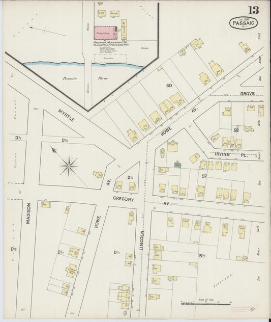 Sanborn Fire Insurance Map from Passaic, Passaic County, New Jersey (1889), Sheet #0013 - Historic Sanborn Fire Insurance Map Print, vintage old map wall art, antique decor, genealogy gift, New Jersey New Jersey map