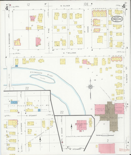Sanborn Fire Insurance Map from Owosso, Shiawassee County, Michigan (1930), Sheet #0004 - Historic Sanborn Fire Insurance Map Print, vintage old map wall art, antique decor, genealogy gift, Michigan Michigan map
