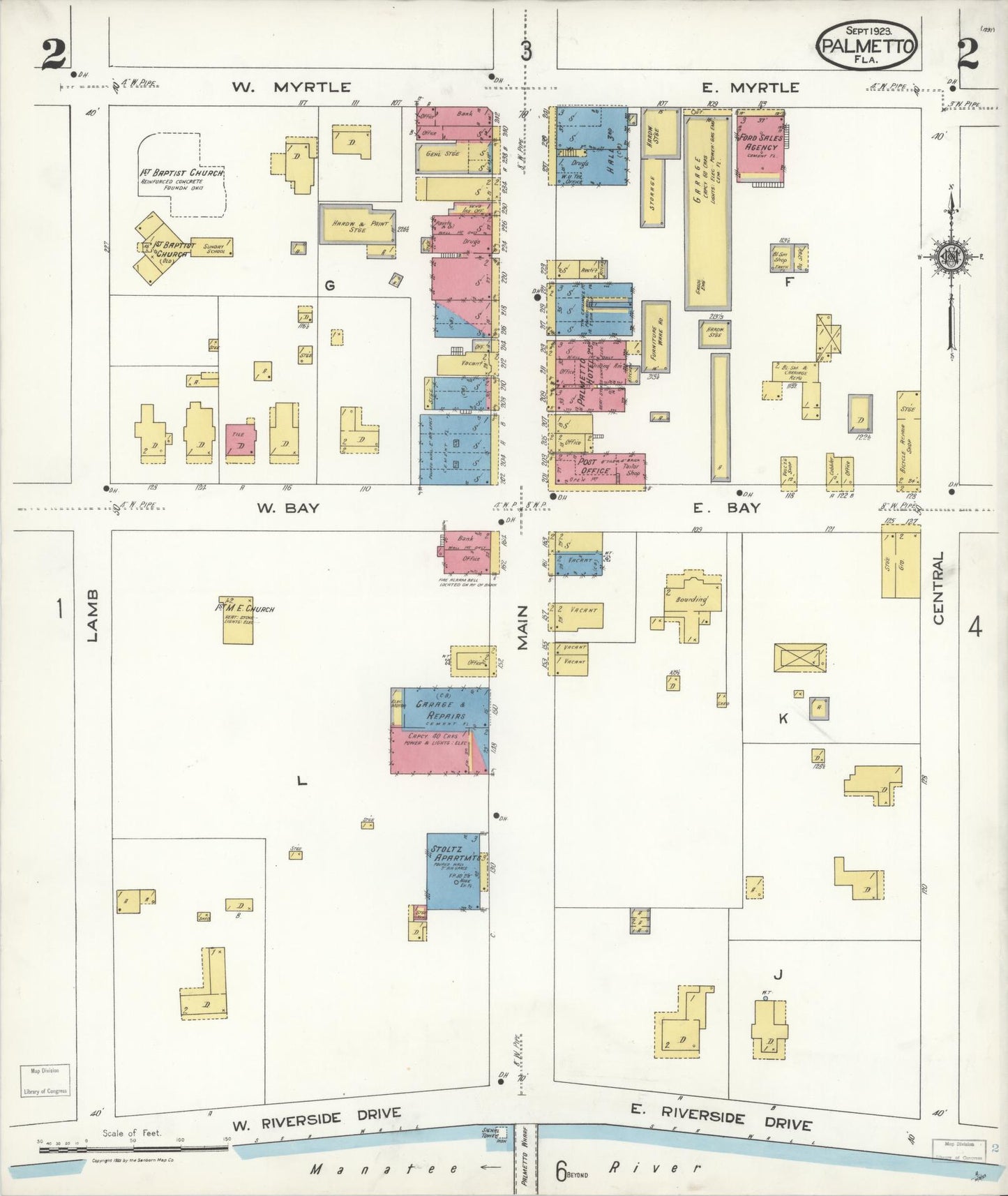 Sanborn Fire Insurance Map from Palmetto, Manatee County, Florida (1923), Sheet #0002 - Complete Map Set gallery image, historic Sanborn map, vintage wall art, Florida Florida