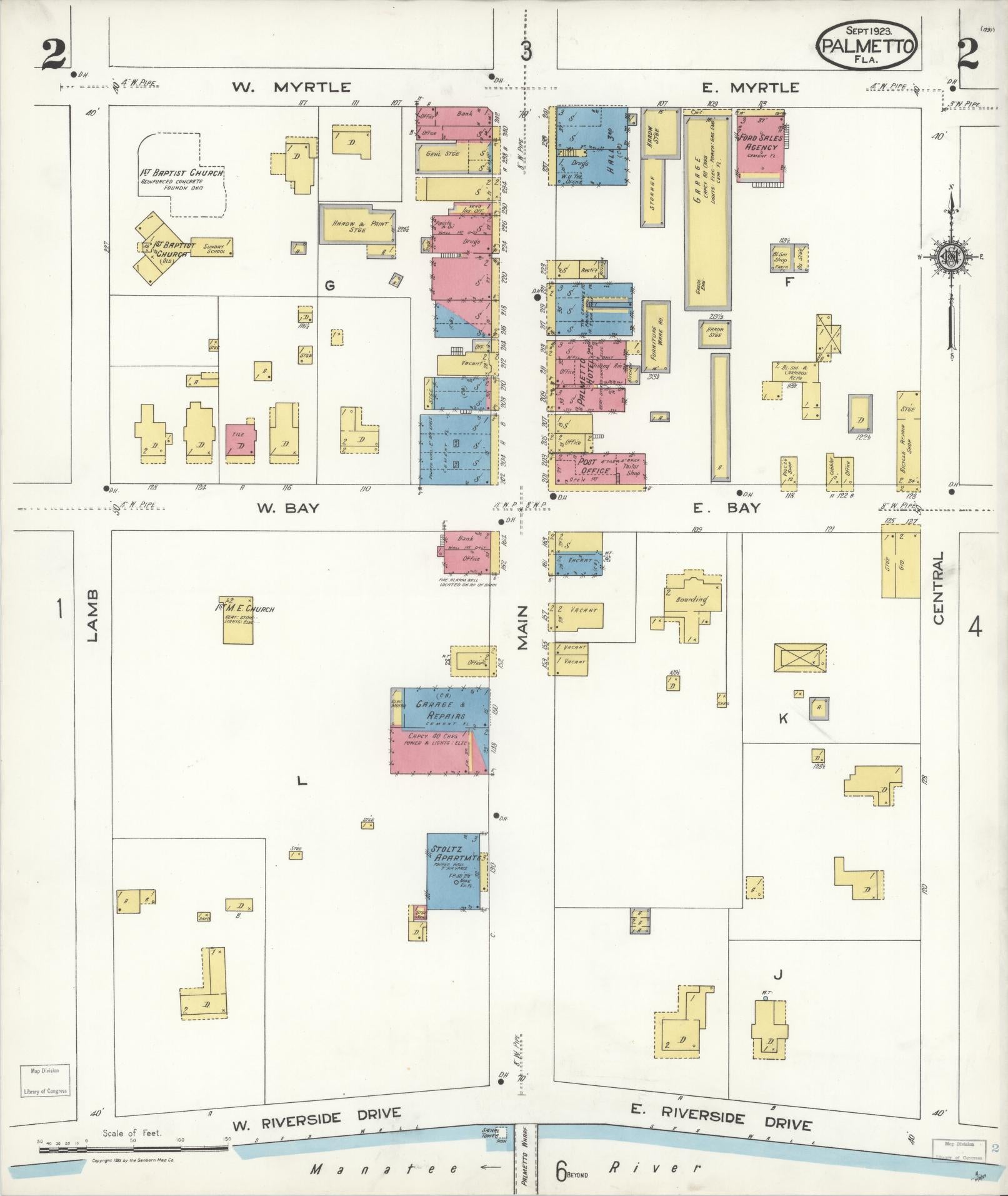 Sanborn Fire Insurance Map from Palmetto, Manatee County, Florida (1923), Sheet #0002 - Complete Map Set gallery image, historic Sanborn map, vintage wall art, Florida Florida