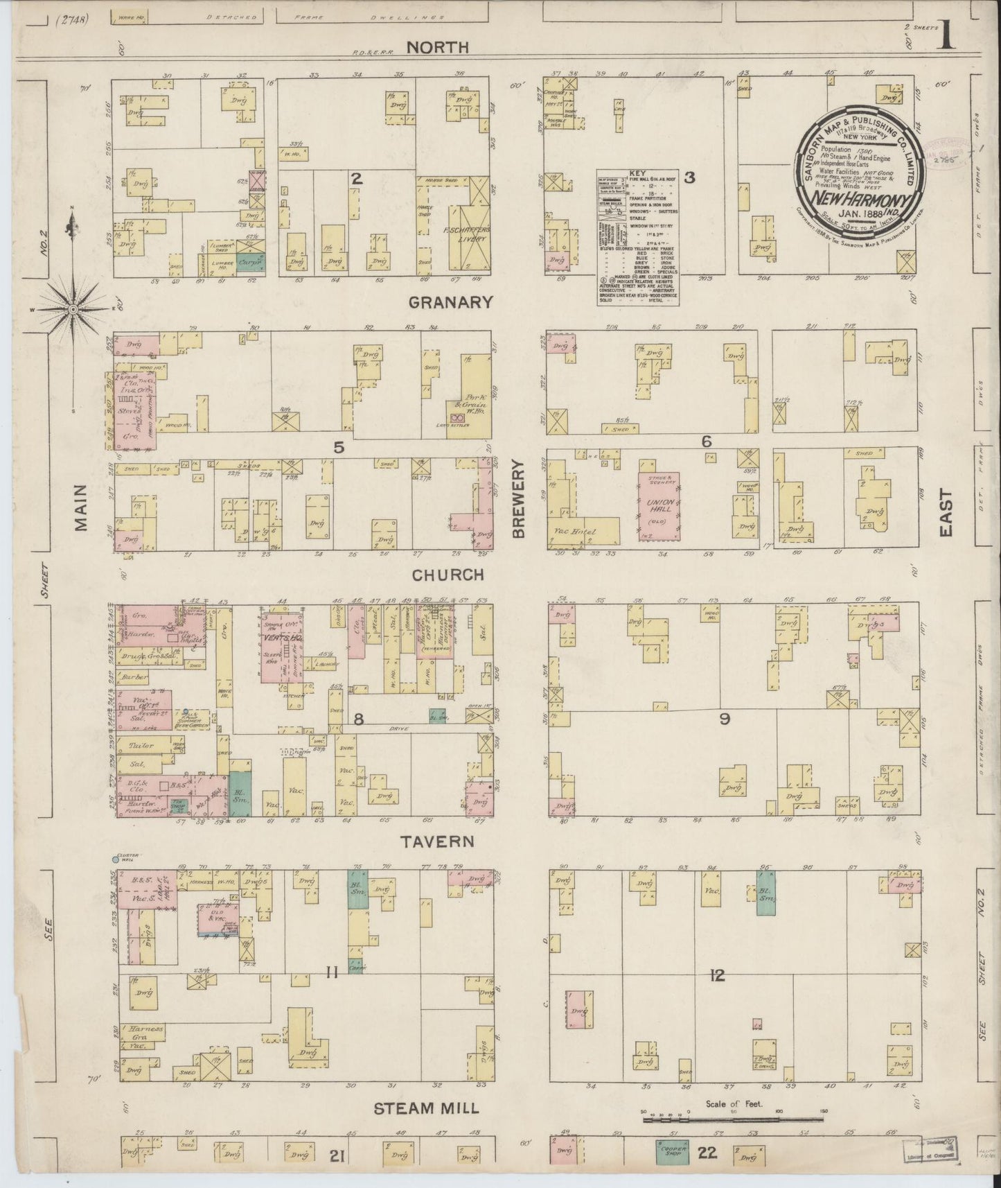 Sanborn Fire Insurance Map from New Harmony, Posey County, Indiana (1888), Sheet #0001 - Historic Sanborn Fire Insurance Map Print, vintage old map wall art, antique decor, genealogy gift, Indiana Indiana map