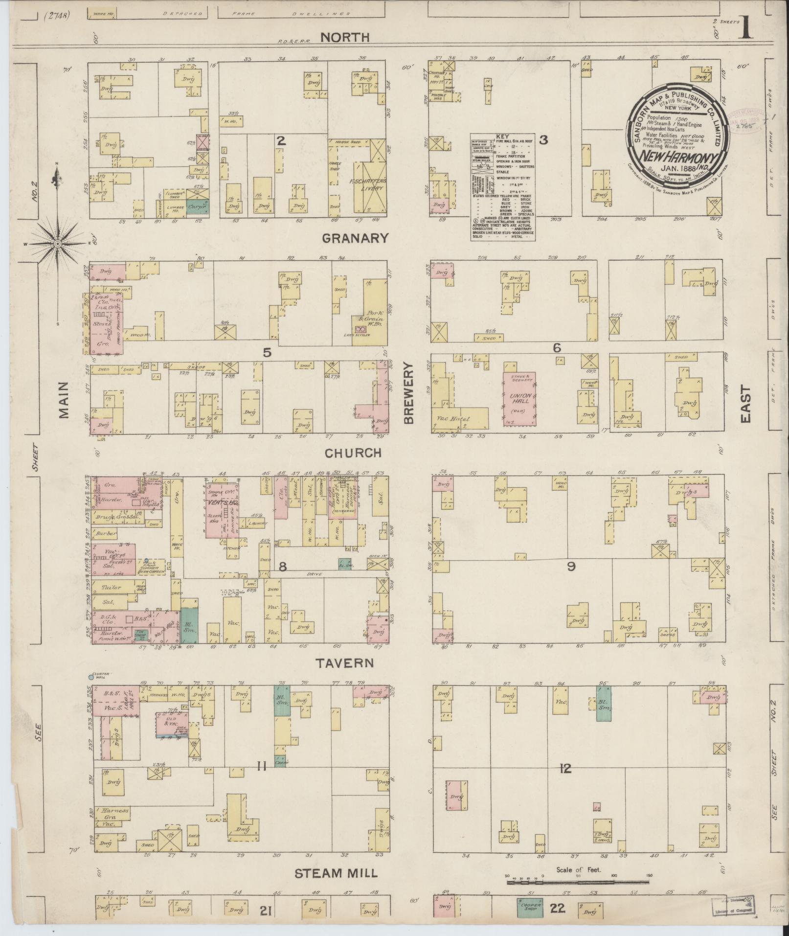 Sanborn Fire Insurance Map from New Harmony, Posey County, Indiana (1888), Sheet #0001 - Historic Sanborn Fire Insurance Map Print, vintage old map wall art, antique decor, genealogy gift, Indiana Indiana map