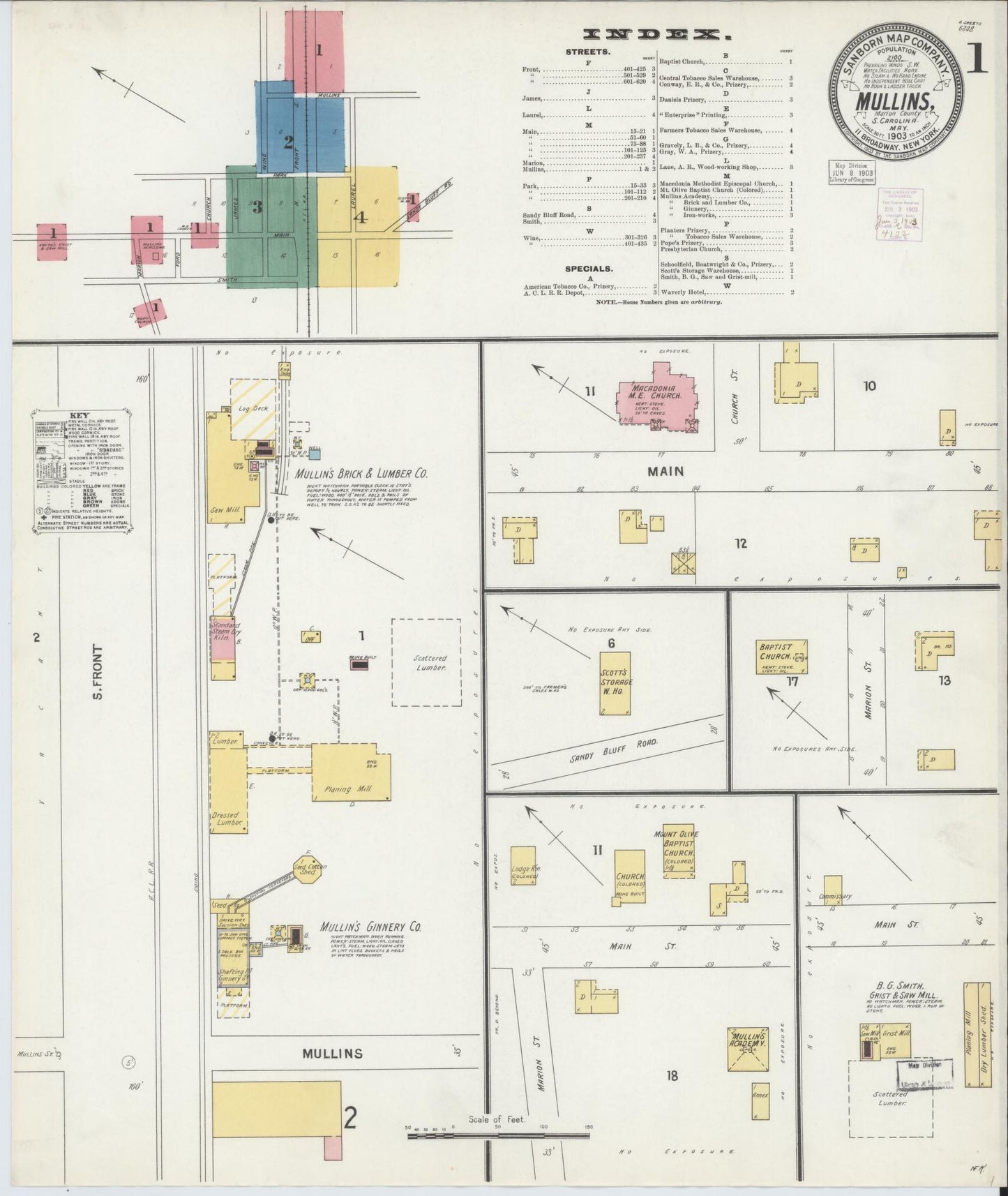 Sanborn Fire Insurance Map from Mullins, Marion County, South Carolina (1903), Sheet #0001 - Complete Map Set gallery image, historic Sanborn map, vintage wall art, South Carolina South Carolina