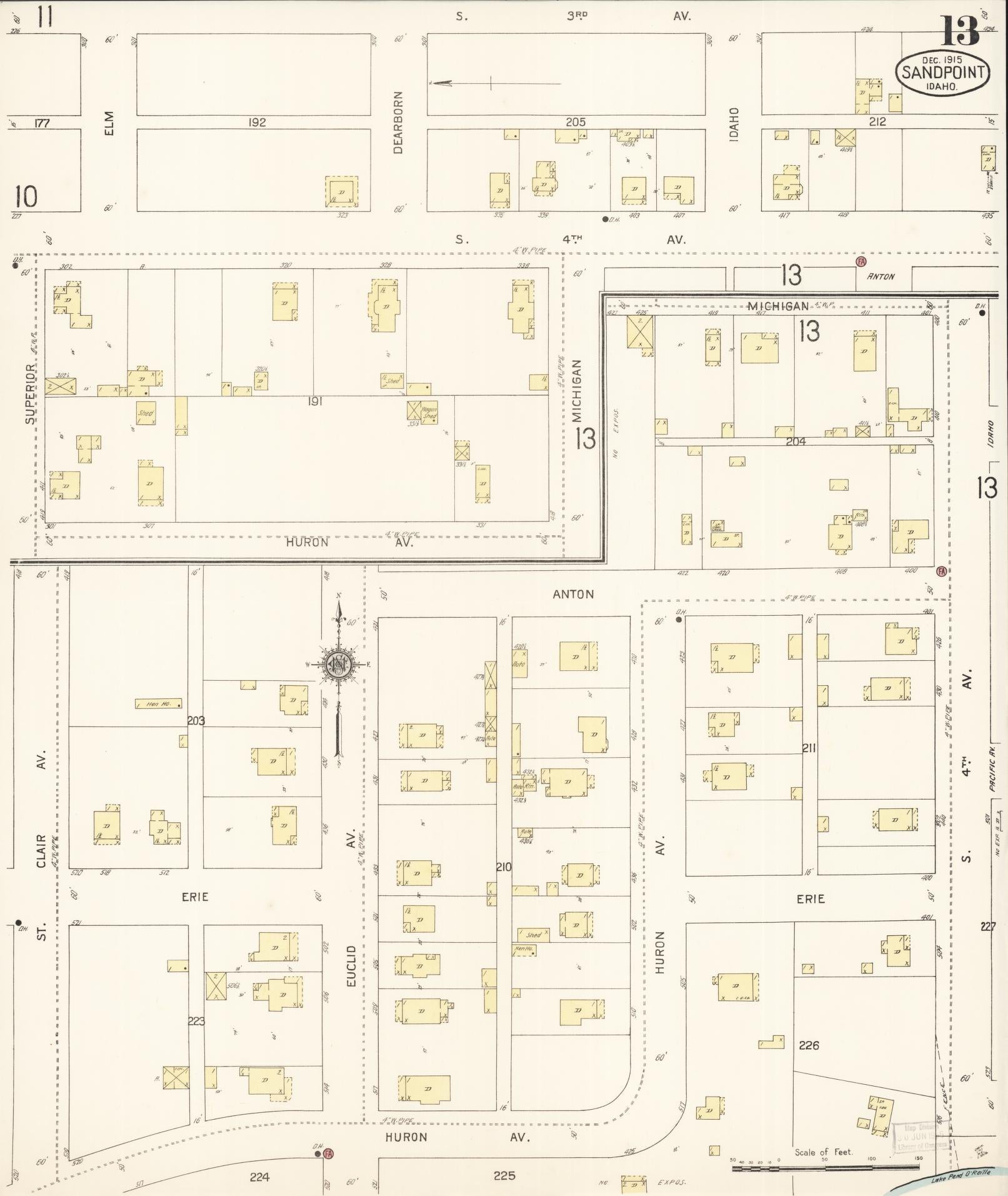 Sanborn Fire Insurance Map from Sandpoint, Bonner County, Idaho (1915), Sheet #0013 - Historic Sanborn Fire Insurance Map Print, vintage old map wall art, antique decor, genealogy gift, Idaho Idaho map