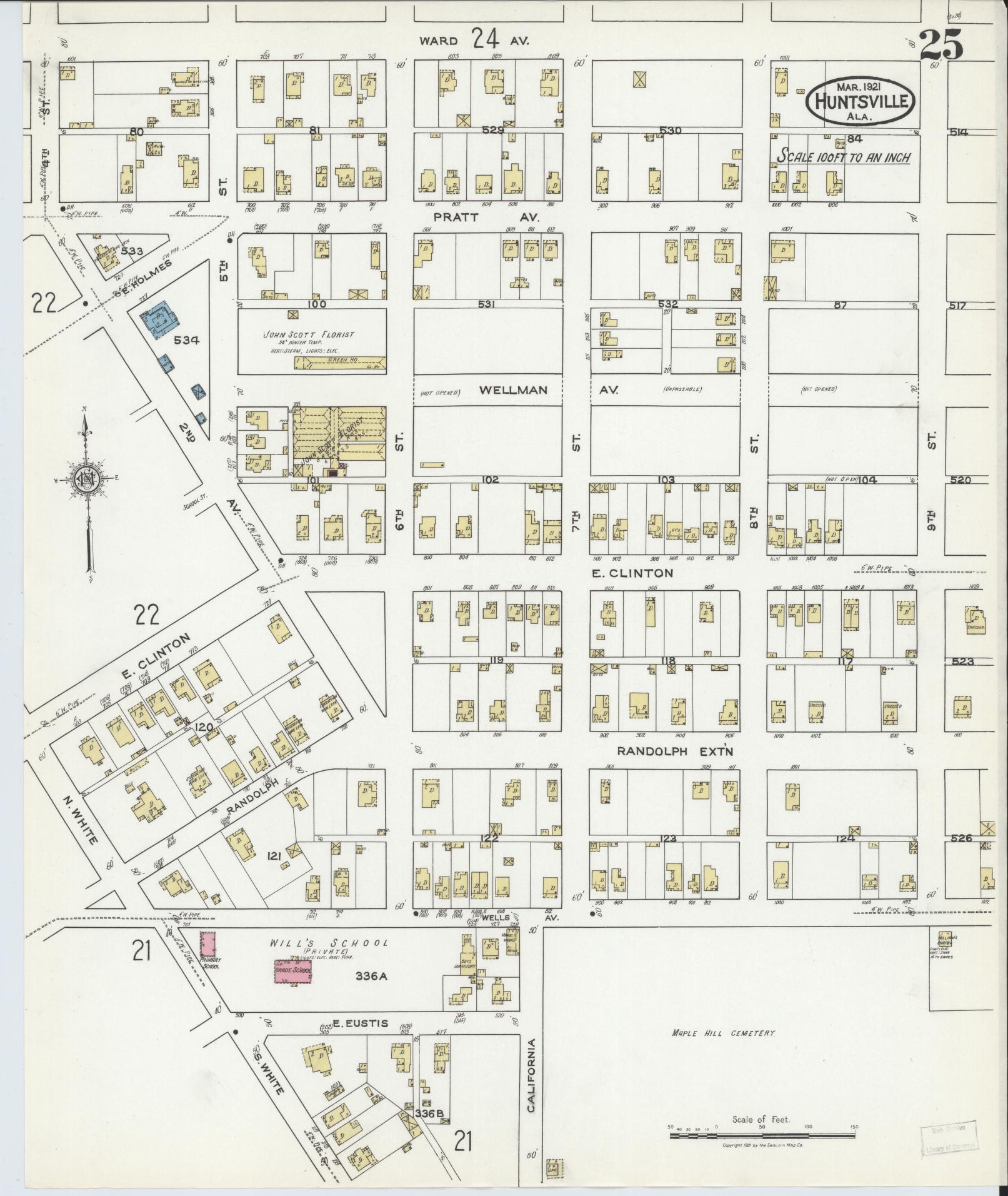 Sanborn Fire Insurance Map from Huntsville, Madison County, Alabama (1921), Sheet #0025 - Historic Sanborn Fire Insurance Map Print, vintage old map wall art, antique decor, genealogy gift, Alabama Alabama map