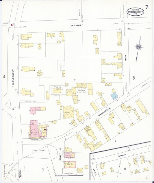 Sanborn Fire Insurance Map from Middlebury, Addison County, Vermont (1910), Sheet #0007 - Historic Sanborn Fire Insurance Map Print, vintage old map wall art, antique decor, genealogy gift, Vermont Vermont map