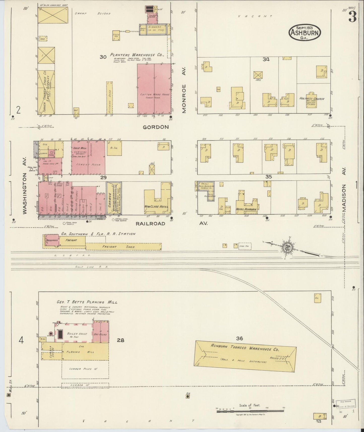 Sanborn Fire Insurance Map from Ashburn, Turner County, Georgia (1921), Sheet #0003 - Historic Sanborn Fire Insurance Map Print, vintage old map wall art, antique decor, genealogy gift, Georgia Georgia map