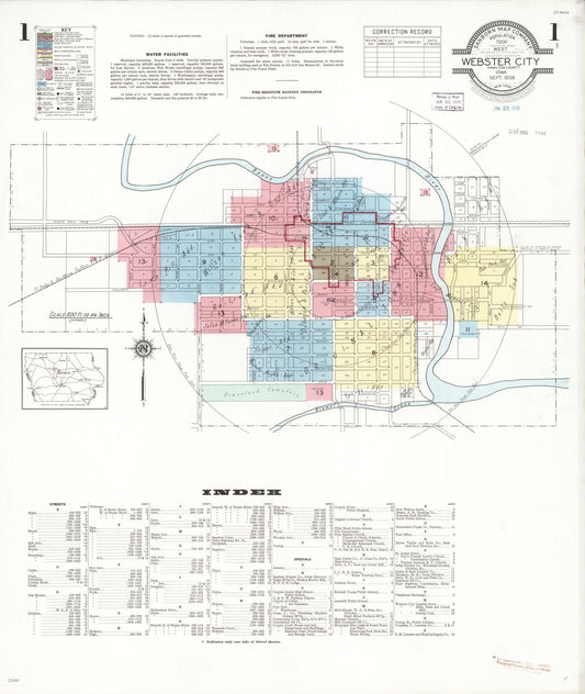Sanborn Fire Insurance Map from Webster City, Hamilton County, Iowa (1938), Sheet #0001 - Historic Sanborn Fire Insurance Map Print, vintage old map wall art