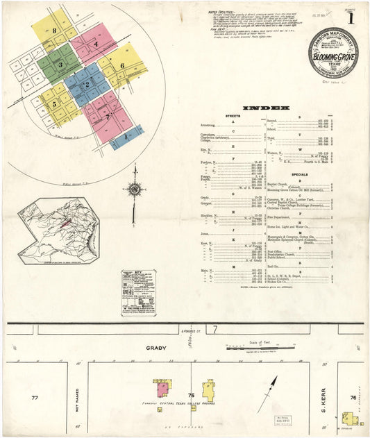 Sanborn Fire Insurance Map from Blooming Grove, Navarro County, Texas (1921), Sheet #0001 - Historic Sanborn Fire Insurance Map Print, vintage old map wall art, antique decor, genealogy gift, Texas Texas map