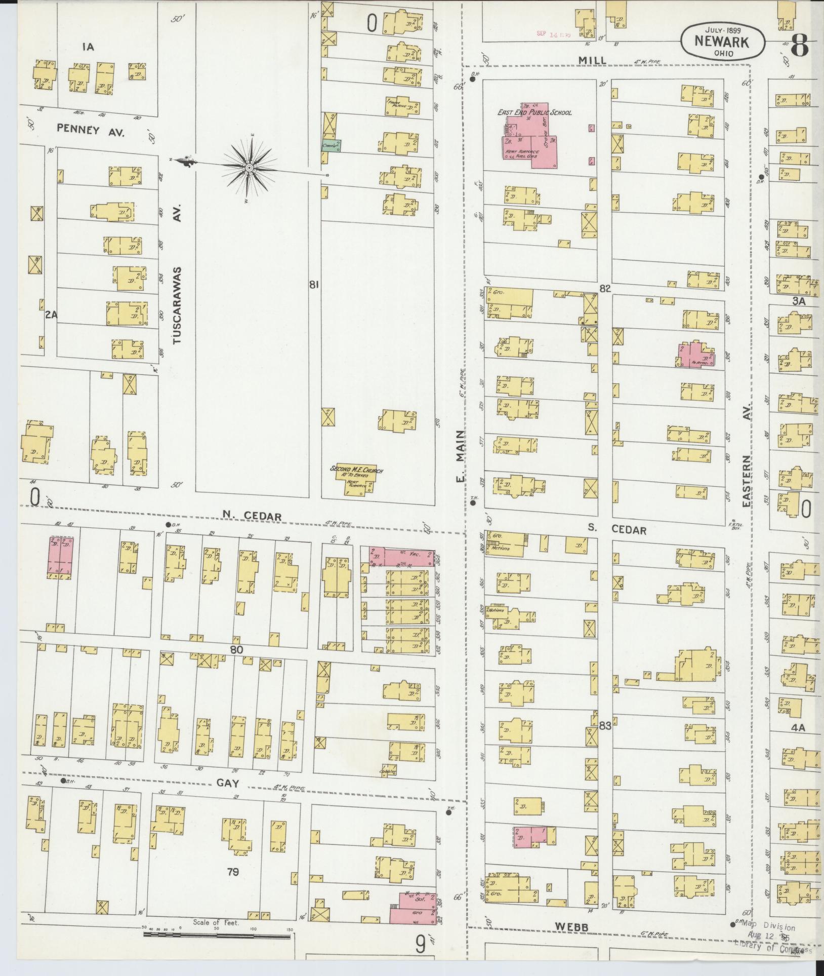 Sanborn Fire Insurance Map from Newark, Licking County, Ohio (1899), Sheet #0008 - Historic Sanborn Fire Insurance Map Print, vintage old map wall art, antique decor, genealogy gift, Ohio Ohio map