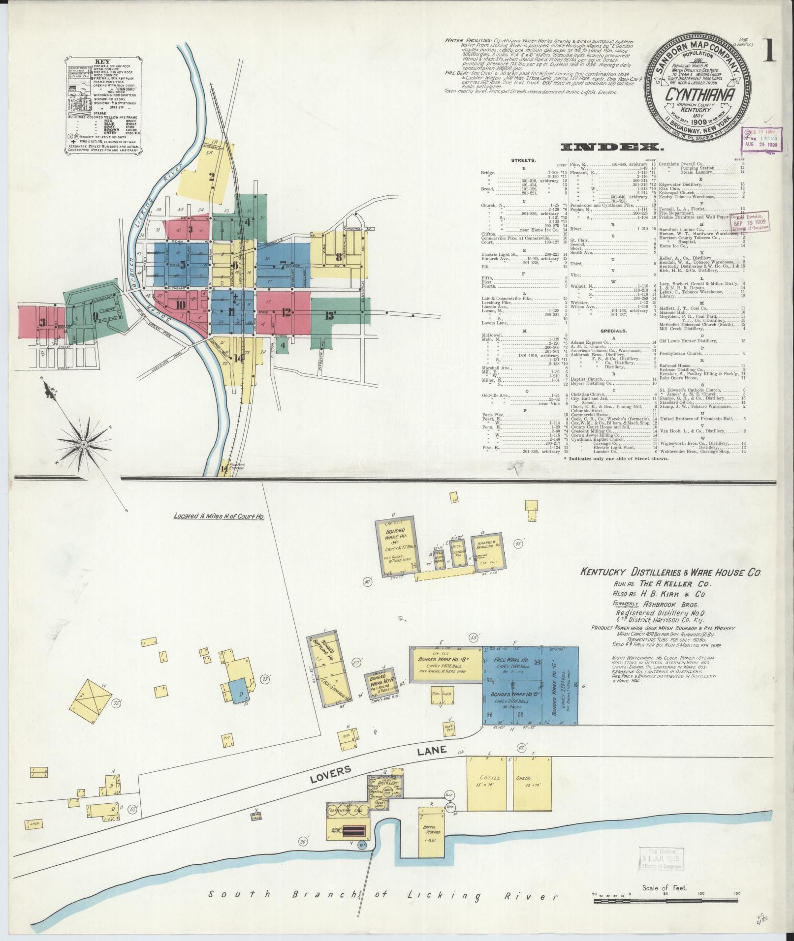 Sanborn Fire Insurance Map from Cynthiana, Harrison County, Kentucky (1909), Sheet #0001 - Historic Sanborn Fire Insurance Map Print, vintage old map wall art, antique decor, genealogy gift, Kentucky Kentucky map