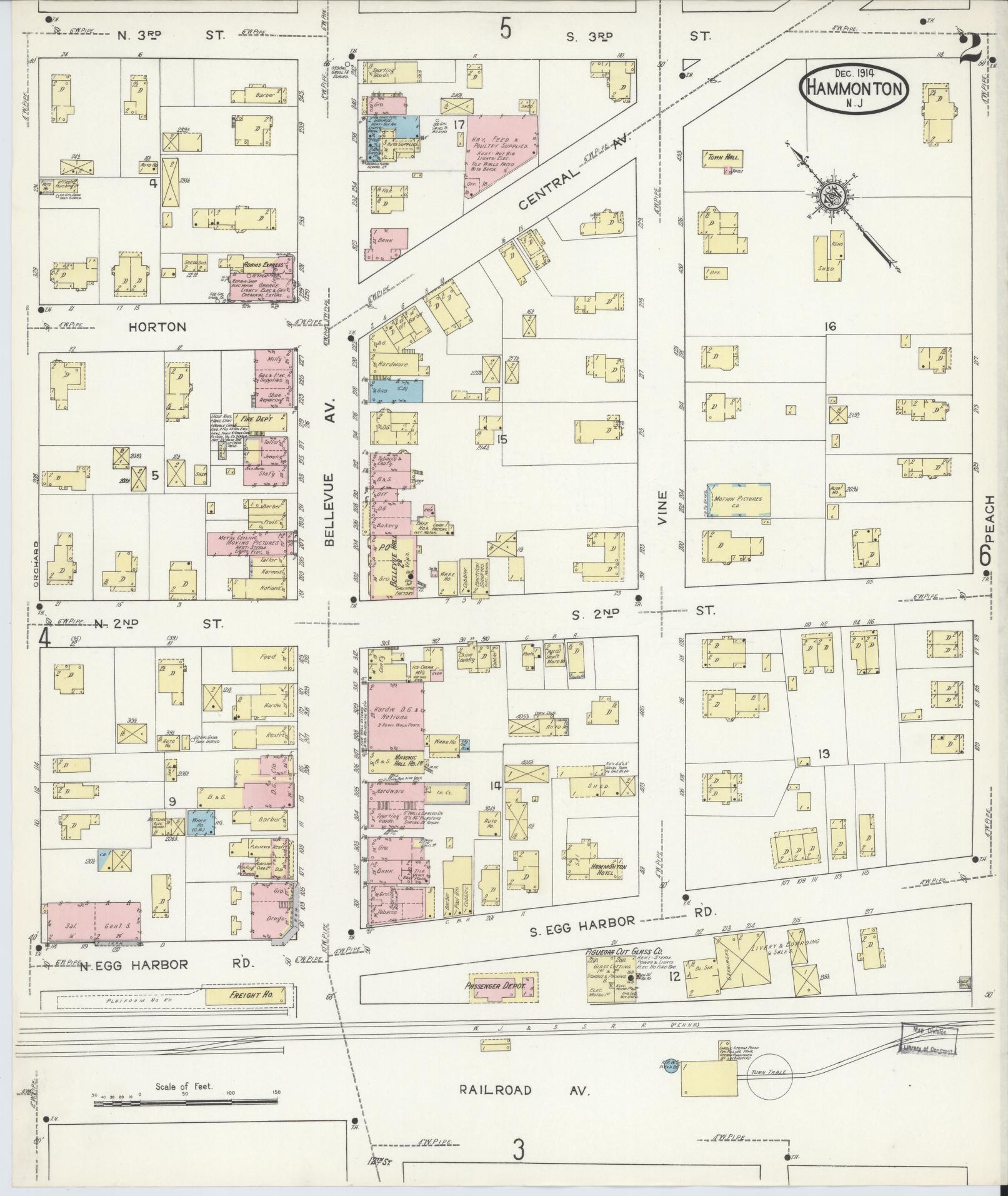 Sanborn Fire Insurance Map from Hammonton, Atlantic County, New Jersey (1914), Sheet #0002 - Historic Sanborn Fire Insurance Map Print, vintage old map wall art, antique decor, genealogy gift, New Jersey New Jersey map