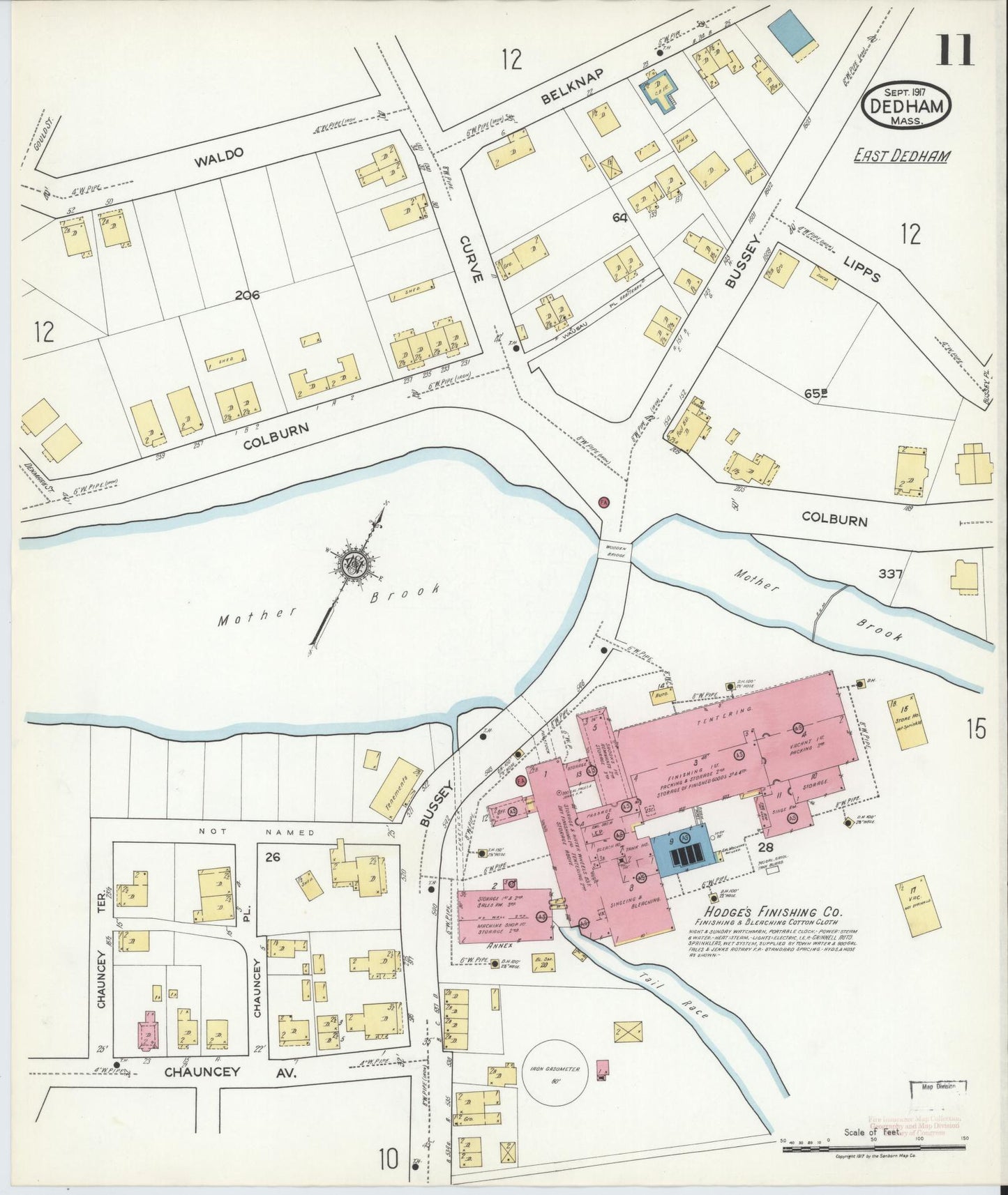 Sanborn Fire Insurance Map from Dedham, Norfolk County, Massachusetts (1917), Sheet #0011 - Historic Sanborn Fire Insurance Map Print, vintage old map wall art, antique decor, genealogy gift, Massachusetts Massachusetts map